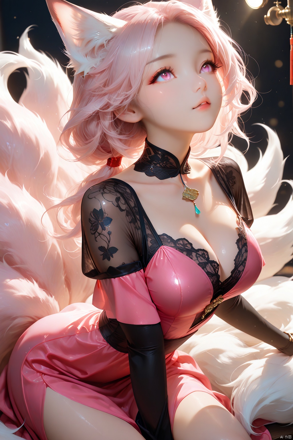 Masterpiece,best quality,ultra-detailed,detailed pupils,photography,high quality,top CG rendering,highest quality,ultra-clear,ultra-detailed,Official Art,Extremely Detailed CG,8k Wallpapers,good figure,HD,game CG,Masterpiece, Top CG rendering, Highest quality, Ultra-clear, Looking Up, (((Nine-tailed Fox Spirit))), Long pink hair, Delicate Fox ears, Smooth hair, Delicate features, Clear face, Clear eyes, long eyelashes, clear pupils, true lips, light makeup, hot body, sexy, ruddy skin, full breasts, sexy legs. (((The elegant ornate Han dress))), ((The embroidered lace shirt is fairy-like)), lifelike, (((Nine long pink-dark fox tails)), close-up, the moon, rendered to a perfect, lifelike, true texture, Realistic photos, cinematography, high quality, studio lighting, top lighting, side backlight, backlight, telephoto, depth depth of field, large depth of field, ultra-clear, 8k quality