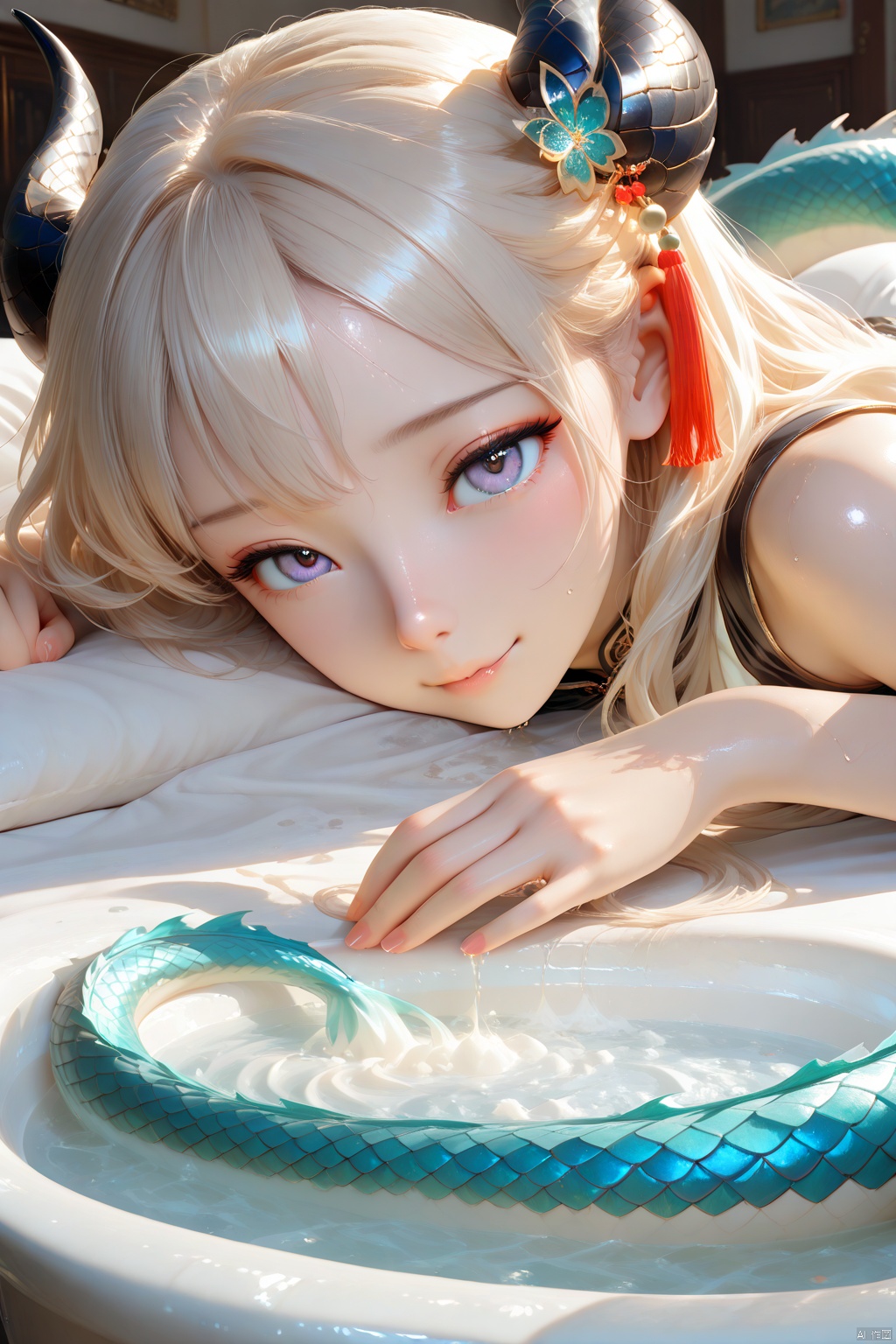 MasterPiece, Best Quality, Ultra-Detailed, Detailed Pupils, PhotoGraphy, High Quality, Top CG Rendering, Highest Quality, Ultra-Detai Led, Office A RT, EXTREMELY DETAILED CG, 8K Wallpapers, Good Figure, HD, Game CG, master's work Ultra -clear, highest picture quality, masterpieceExquisite beautiful masterpiece, detail, 3D rendering, 3A masterpiece, thick painting, realistic, highest quality, beauty bath picture, beautiful young woman covered with milky white liquid, pale blonde hair wearing exquisite hair accessories, delicate dragon horns, delicate eyes (detail painting), pale blonde pupils (detail painting), seductive eyes, very upturned nose, Seductive small mouth (detail painting) two drops of milky liquid, delicate hands, graceful figure under wet sheer gauze (close-up), lazy posture, lying on a soft big bed (fine painting) shaking a pale gold dragon tail (fine painting), antique room, beautiful scene, 8k