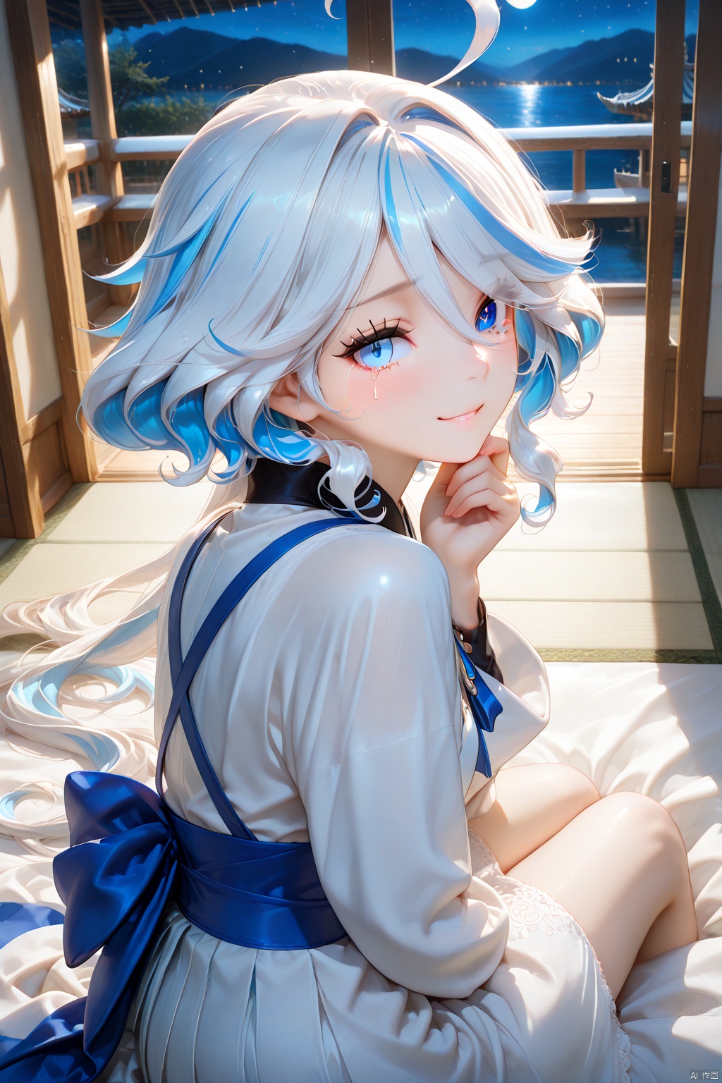 Masterpiece,best quality,ultra-detailed,detailed pupils,photography,high quality,top CG rendering,highest quality,ultra-clear,ultra-detailed,Official Art,Extremely Detailed CG,8k Wallpapers,HD,game CG,1girl, furina, heterochromia, tears in eyes, smile, long sleeves, looking back, The girl sits by the window, with moonlight casting a glow on her face, accentuating the crystal tears. She bows her head slightly, her hands supporting her chin, as silent tears trickle down, exuding a serene sadness. The nocturnal background contrasts sharply with her tears, creating a hauntingly beautiful atmosphere