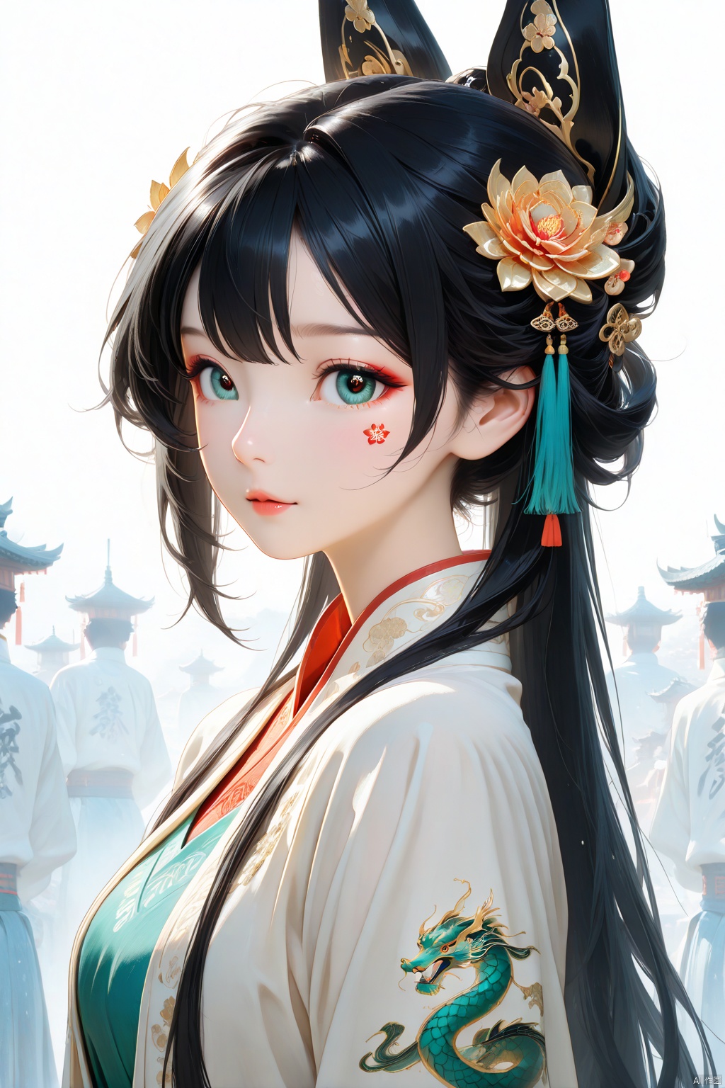 Masterpiece,best quality,ultra-detailed,detailed pupils,photography,high quality,top CG rendering,highest quality,ultra-clear,ultra-detailed,Official Art,Extremely Detailed CG,8k Wallpapers,HD,game CG,（Flat color：1.2）、Enlarge the core content of the screen、More concise visuals, clothing, and visual costumes、Minimalist Zen, artistic conception, ink painting、Traditional Chinese Gongbi Painting Style,The visual style adopts flowing thin lines to showcase Chinese style,The screen is expressed using a flat technique。The screen adopts the style of the Song Dynasty in China, Color adopts ink wash with transparency. the gentle and confident nature of women, who can be slightly slimmer. Black hair and No complicated headgear。The screen apply elements related to the Song Dynasty in China.Chinese style light watercolor、White background,The above content depicts a high-definition portrait of a single person, with only the eyes in the picture, emphasizing facial details and facial features