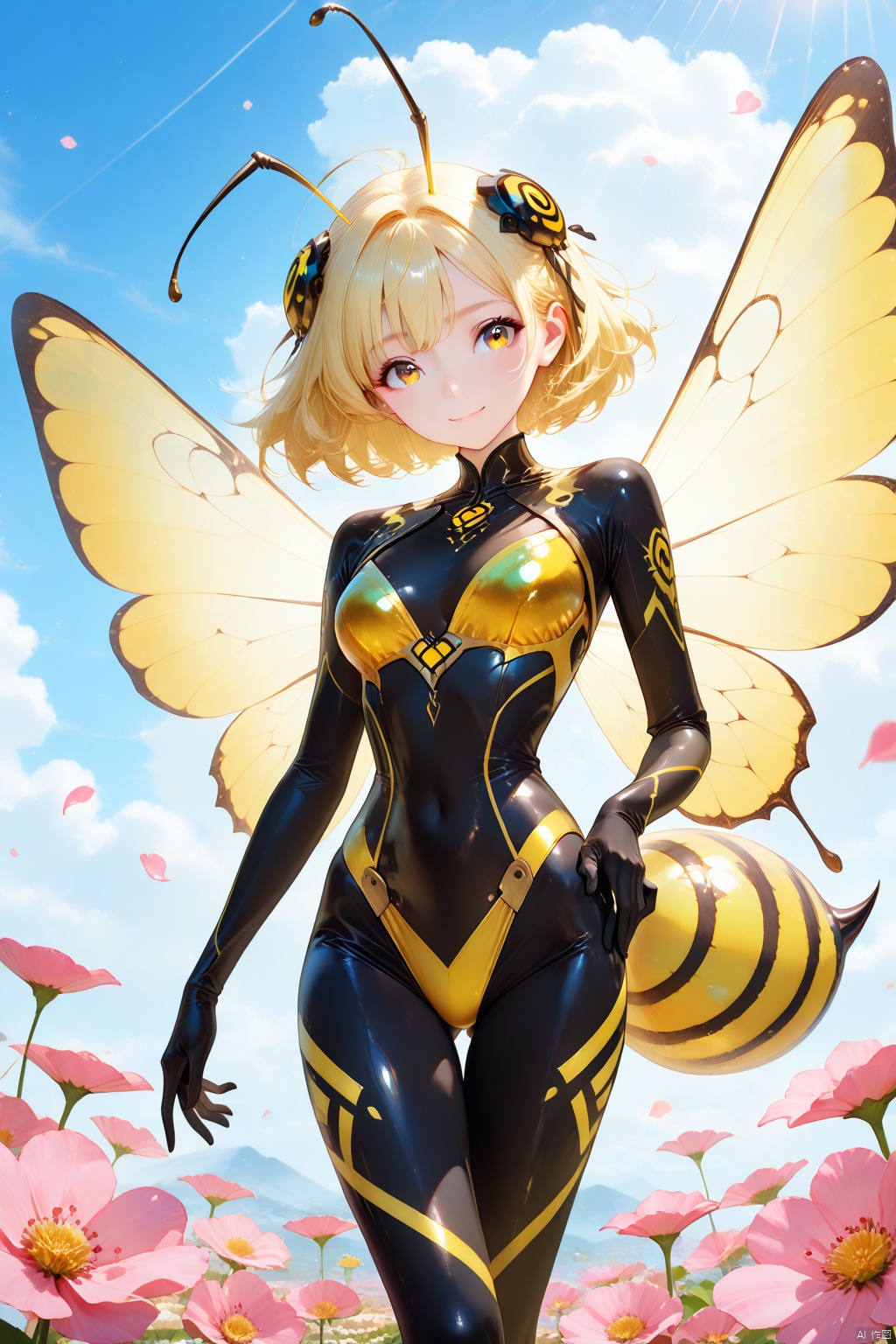 Masterpiece,best quality,ultra-detailed,detailed pupils,photography,high quality,top CG rendering,highest quality,ultra-clear,ultra-detailed,Official Art,Extremely Detailed CG,8k Wallpapers,good figure,HD,game CG,a close-up shot of a bee woman standing in a vibrant flower garden, her figure framed by blooming flowers. She has a slender waist and curvaceous hips, adorned with black and yellow stripes. Her large, transparent bee wings glisten in the soft sunlight, casting delicate shadows. She stands confidently, one hand resting on her hip, with a slight smile. Her long, curved bee antennae add to her unique appearance. The background is a blur of colorful petals, emphasizing her form and the sharp stinger at her rear