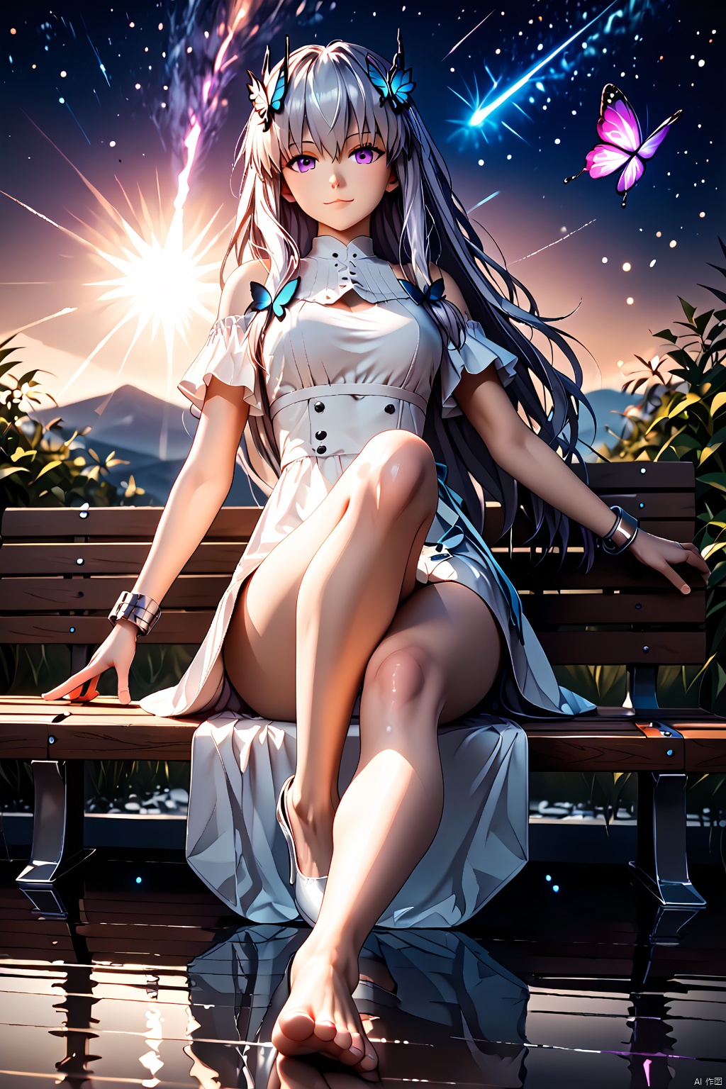 Castorice, sfw, bangs, long hair, hair ornament, solo, hair between eyes, dress, looking at viewer, purple eyes, butterfly, legs, leg up, leg up, leg up, leg up, leg up, ((sitiing)),((sitiing)),((sitiing)),((sitiing)),((sitiing)),((sitiing)),

egs over head,dusk \(arknights\),(hands on knee),sitting on bench, small bench,claw_pose,

square floor,reflection,starry,fate stay night,meteor,silver cuff bracelet,

depth of field, light particles, lens flare,(artist:quasarcake:0.8) ,extreme aesthetic,(wlop:0.6), wanke,rella,wanke,masterpiece,best quality,good quality,newest , very aesthetic,absurdres,Visual impact,Electromotive force, perspective composition, A shot with tension, ultra-high resolution,32K UHD,sharp focus,best quality,score_10_up,score_9_up,score_8_up,score_7_up,BLENDER STYLE,INCASESTYLEZ,