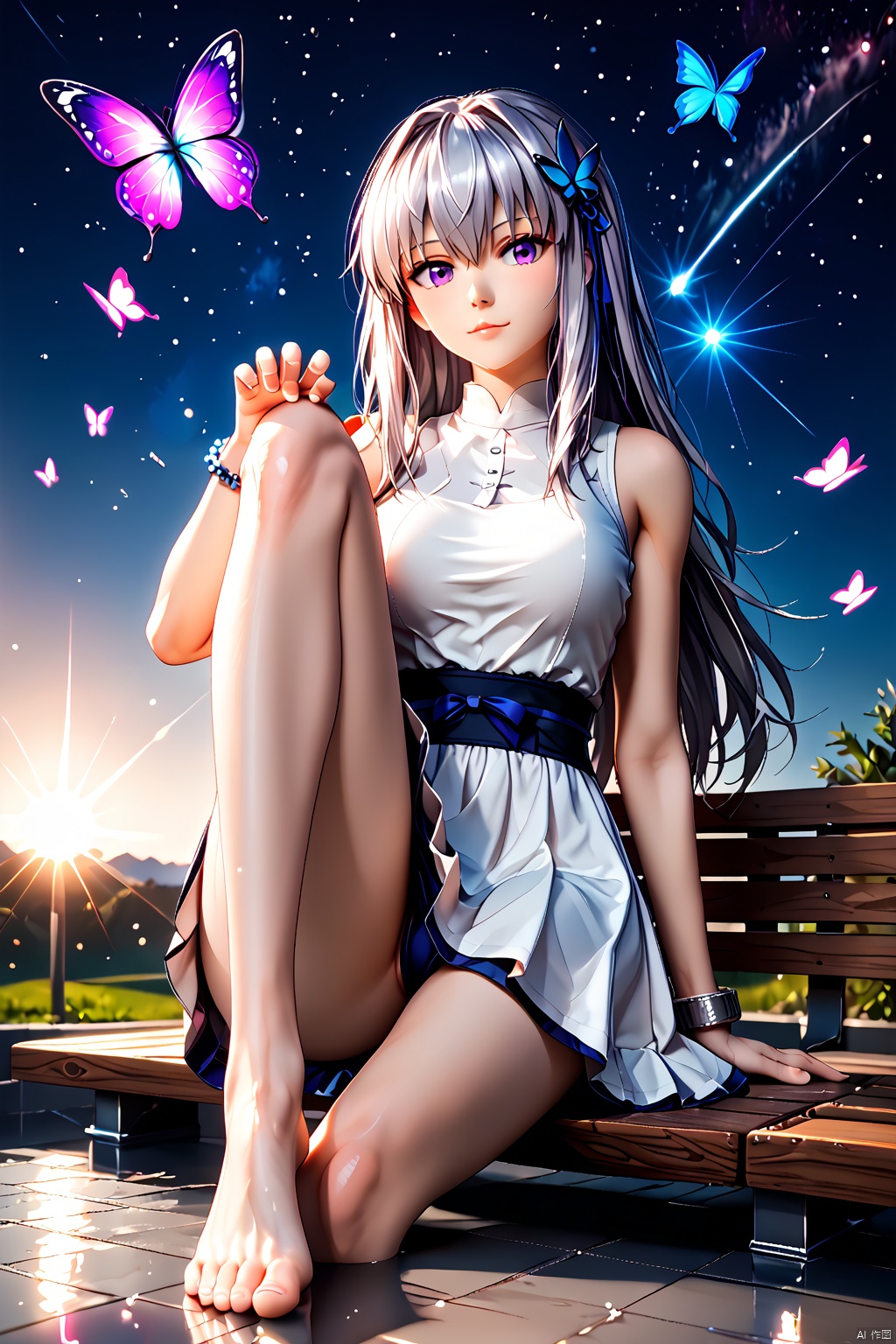 Castorice, sfw, bangs, long hair, hair ornament, solo, hair between eyes, dress, looking at viewer, purple eyes, butterfly, legs, leg up, leg up, leg up, leg up, leg up, ((sitiing)),((sitiing)),((sitiing)),((sitiing)),((sitiing)),((sitiing)),

egs over head,dusk \(arknights\),(hands on knee),sitting on bench, small bench,claw_pose,

square floor,reflection,starry,fate stay night,meteor,silver cuff bracelet,

depth of field, light particles, lens flare,(artist:quasarcake:0.8) ,extreme aesthetic,(wlop:0.6), wanke,rella,wanke,masterpiece,best quality,good quality,newest , very aesthetic,absurdres,Visual impact,Electromotive force, perspective composition, A shot with tension, ultra-high resolution,32K UHD,sharp focus,best quality,score_10_up,score_9_up,score_8_up,score_7_up,BLENDER STYLE,INCASESTYLEZ,