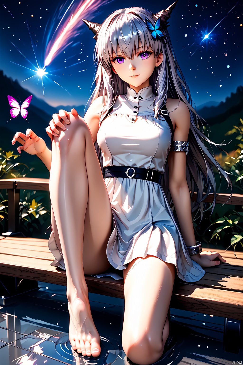 Castorice, sfw, bangs, long hair, hair ornament, solo, hair between eyes, dress, looking at viewer, purple eyes, butterfly, legs, leg up, leg up, leg up, leg up, leg up, ((sitiing)),((sitiing)),((sitiing)),((sitiing)),((sitiing)),((sitiing)),

egs over head,dusk \(arknights\),(hands on knee),sitting on bench, small bench,claw_pose,

square floor,reflection,starry,fate stay night,meteor,silver cuff bracelet,

depth of field, light particles, lens flare,(artist:quasarcake:0.8) ,extreme aesthetic,(wlop:0.6), wanke,rella,wanke,masterpiece,best quality,good quality,newest , very aesthetic,absurdres,Visual impact,Electromotive force, perspective composition, A shot with tension, ultra-high resolution,32K UHD,sharp focus,best quality,score_10_up,score_9_up,score_8_up,score_7_up,BLENDER STYLE,INCASESTYLEZ,