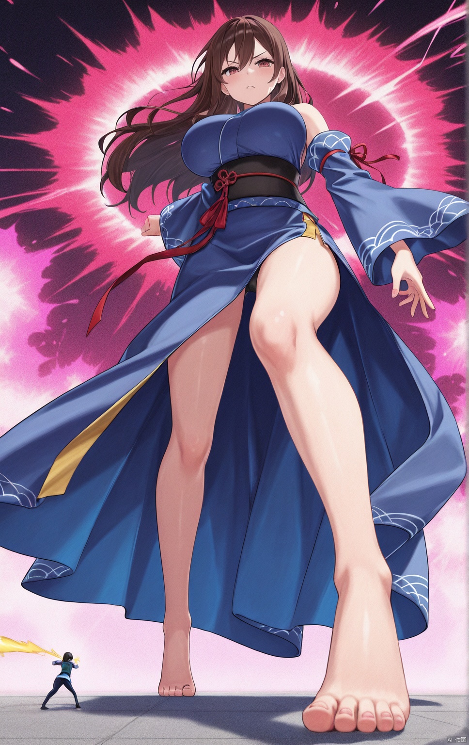 Nami. close-up,foot focus, 1girl,huge_breasts,looking_at_viewer,tiptoes,fighting_stance,bents knees, long hair,expressive_clothes,slutty clothes,wide_sleeves,reaching arm,barefoot, plasma splatter,Energy Blast,slashing,,masterpiece, best quality, absurdres, newest, very aesthetic, amazing quality,highres,sensitive,score_9score_8_up score_7_up Sakimi chan,IMMINENT CRUSH, GIANTESS, FROM  BELOW.