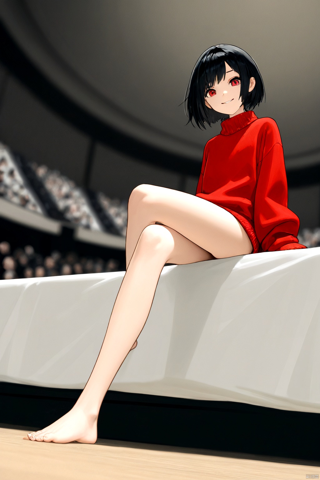 Masterpiece, best quality, high quality, (colorful), small chest, (black hair: 1.4), (long legs: 1.3), (thin legs: 1.3),(Perfect Eyeshanfu:1.7),A girl, solo, depth of field, ultra-wide shot, long view, away from the audience, sitting alone on the ground, with short hair, looking towards the viewer, with black hair, long sleeves, her whole body is in the frame, (full body: 1.4), indoors, legs bare Sliding, wearing only a sweater, with sleeves longer than the wrist, with a bed beside him, leaning back, facing the audience, smiling, straightening his left foot, raising his right foot, supporting the ground with both hands, buttocks leaving the ground, feet Close-up, focus on feet, wearing a bright red sweater. Low angle shots, shots from the front and below, background blur, dynamic poses.