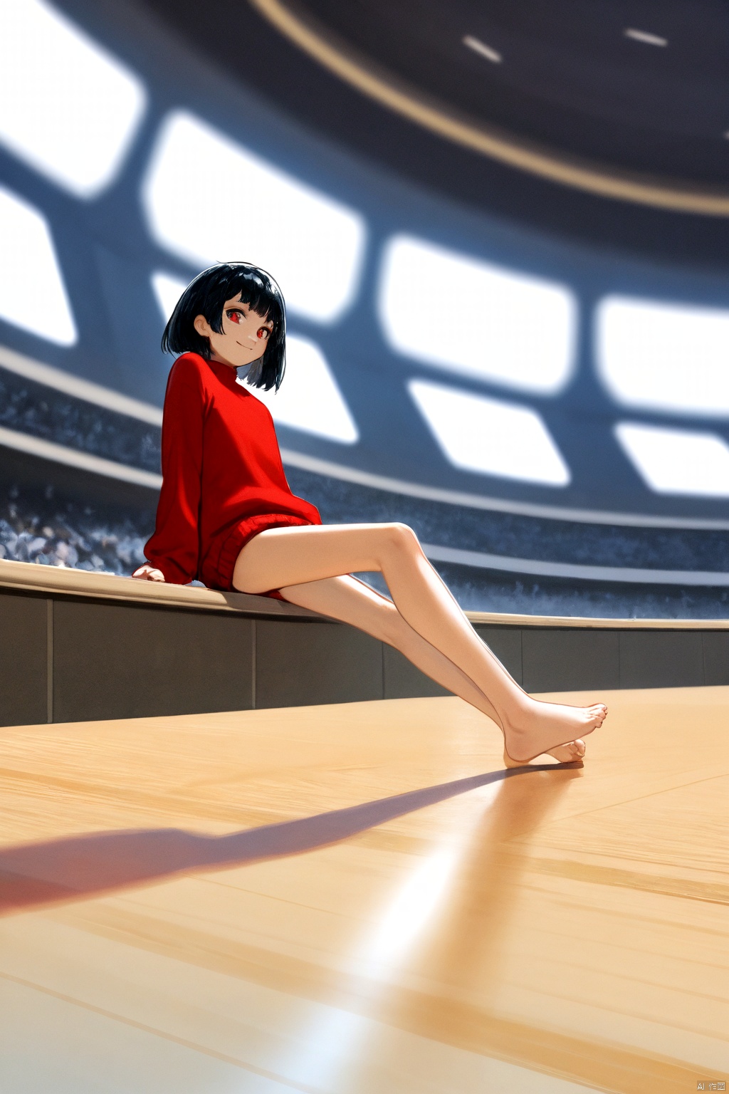 Masterpiece, best quality, high quality, (colorful), small chest, (black hair: 1.4), (long legs: 1.3), (thin legs: 1.3),(Perfect Eyeshanfu:1.7),A girl, solo, depth of field, ultra-wide shot, long view, away from the audience, sitting alone on the ground, with short hair, looking towards the viewer, with black hair, long sleeves, her whole body is in the frame, (full body: 1.4), indoors, legs bare Sliding, wearing only a sweater, with sleeves longer than the wrist, with a bed beside him, leaning back, facing the audience, smiling, straightening his left foot, raising his right foot, supporting the ground with both hands, buttocks leaving the ground, feet Close-up, focus on feet, wearing a bright red sweater. Low angle shots, shots from the front and below, background blur, dynamic poses.