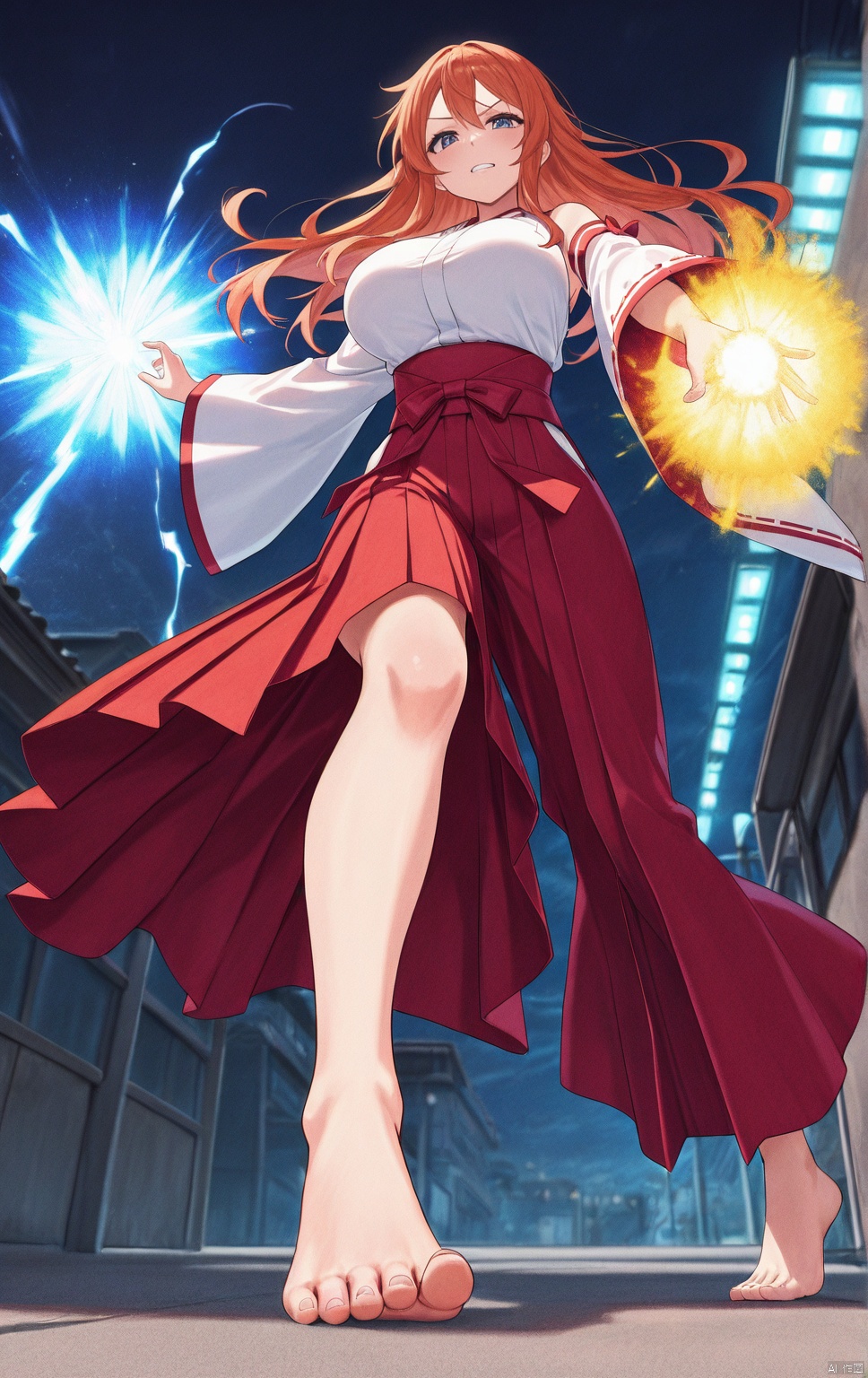 Nami. close-up,foot focus, 1girl,huge_breasts,looking_at_viewer,tiptoes,fighting_stance,bents knees, long hair,expressive_clothes,slutty clothes,wide_sleeves,reaching arm,barefoot, plasma splatter,Energy Blast,slashing,,masterpiece, best quality, absurdres, newest, very aesthetic, amazing quality,highres,sensitive,score_9score_8_up score_7_up Sakimi chan,IMMINENT CRUSH, GIANTESS, FROM  BELOW.