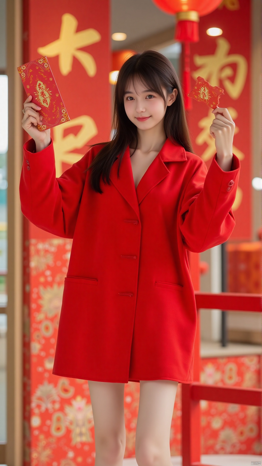 A girl with pale skin and long, straight black hair is standing in a bright indoor room. She is wearing a red coat with a high-waist miniskirt, revealing her thighs. Her hair is neatly combed back, showing her delicate facial features. She is holding a red lantern in one hand and a small red envelope in the other, with a joyful smile on her face. She is standing in front of a traditional Chinese New Year decoration, with red and gold colors dominating the background. The camera is positioned at a slight angle to capture her full body, with the focus on her lively expression and the festive items she is holding. The composition is balanced, with the lantern and envelope adding a sense of movement and celebration to the scene.