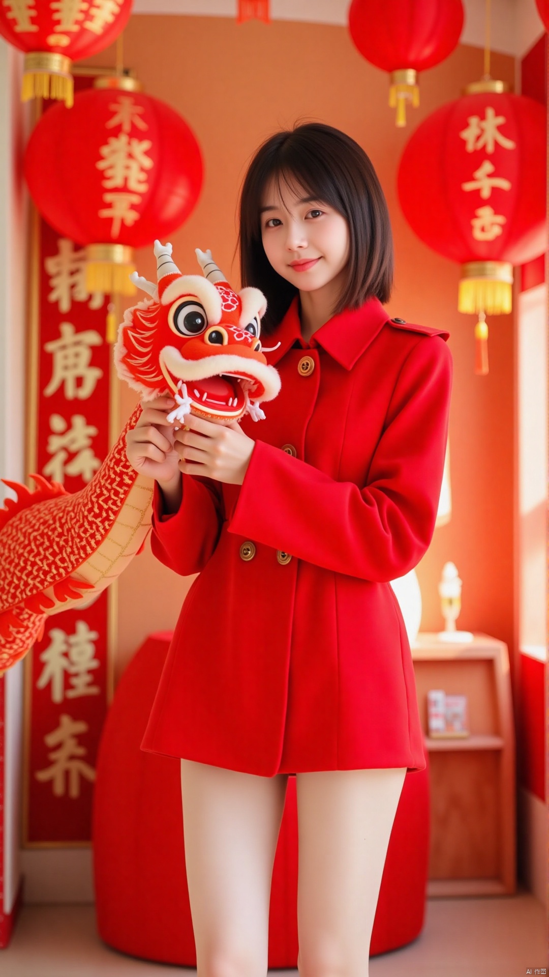 A girl with pale skin and short, straight black hair is standing in the center of a brightly lit room. She is wearing a red coat with a high-waist miniskirt, and her thighs are prominently visible. Her hair is cut in a neat bob style, highlighting her sharp facial features. She is holding a red and gold dragon puppet in her hands, with a playful smile on her face. The room is adorned with red and gold streamers, and a large red banner with Chinese characters for "Prosperity" is hanging on the wall. The camera is positioned directly in front of her, capturing her full body and the festive atmosphere. The composition is symmetrical, with the dragon puppet and streamers adding a sense of joy and celebration to the scene.