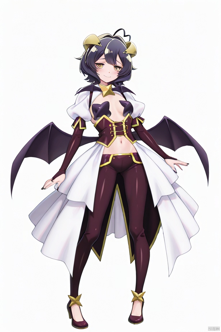masterpiece, best quality, high quality, Hiiragi Utena \(I admire magical girls\), 1girl, solo, looking at viewer, smile, short hair, black hair, navel, standing, full body, yellow eyes, ahoge, small breasts, horns, puffy sleeves, pants, black nails, bridal gauntlets, demon wings,