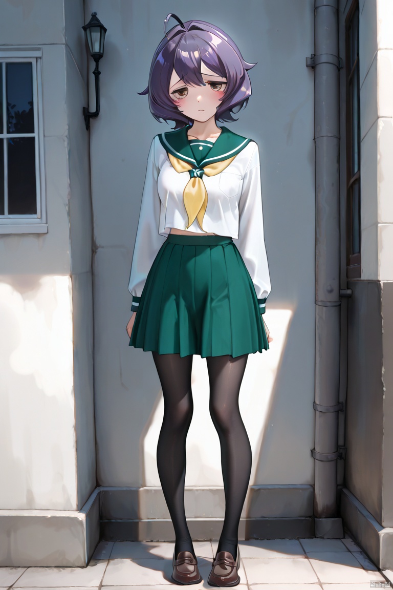 masterpiece, best quality, high quality, Hiiragi Utena \(I admire magical girls\), 1girl, solo, looking at viewer, blush, short hair, bangs, brown eyes, standing, full body, purple hair, ahoge, serafuku, neckerchief, black pantyhose, brown footwear, green skirt, green sailor collar,