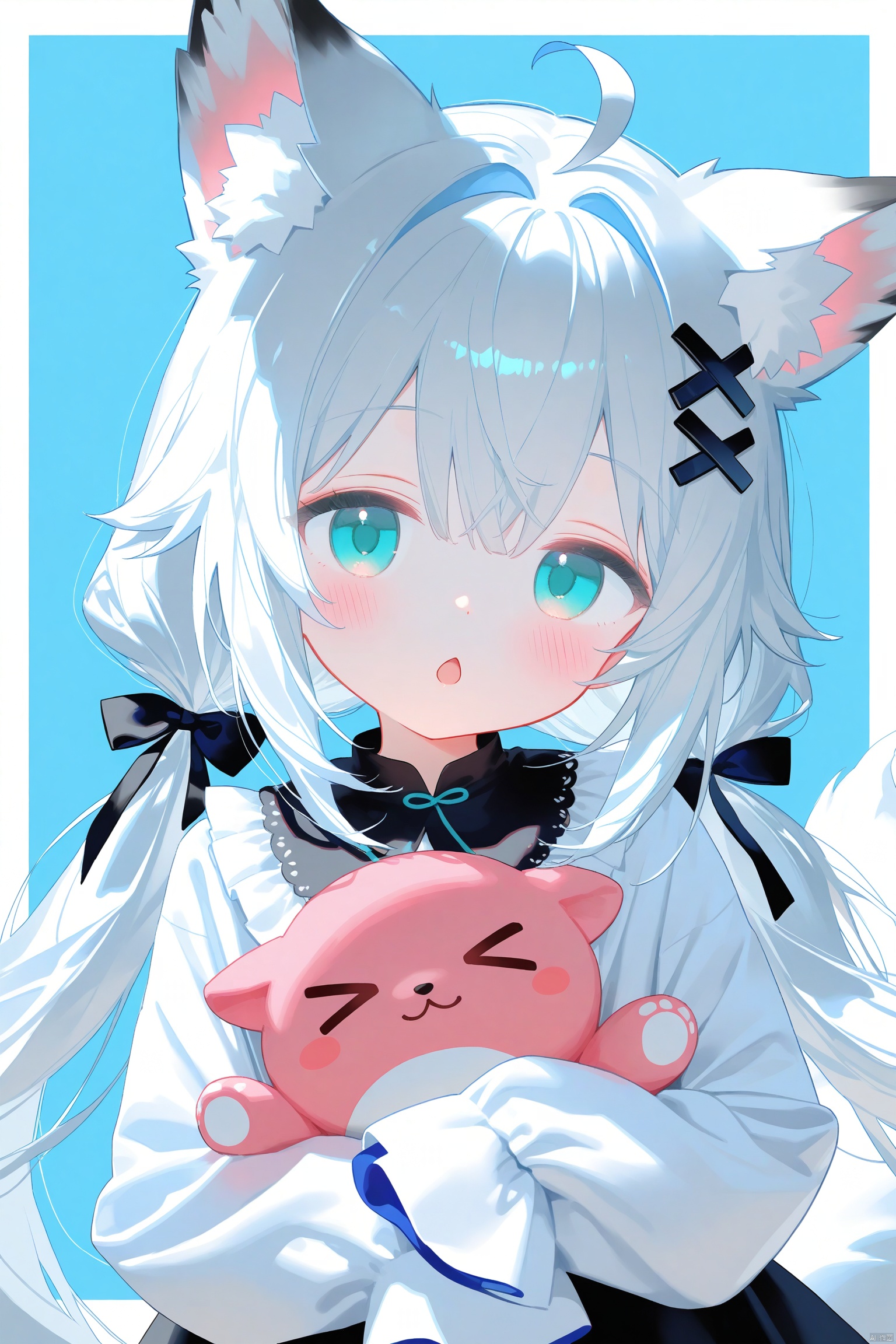 eperouge(maimai),,1girl, animal ears, hair ornament, white hair, blue eyes, long hair, sleeves past fingers, sleeves past wrists, tail, bow, ahoge, looking at viewer, x hair ornament, twintails, low twintails, animal ear fluff, solo, blush, long sleeves, hair bow, fox ears, blue bow, :o, fox girl, upper body, shirt, white shirt, hugging object, blue background, fox tail, parted lips, chestnut mouth, open mouth, hair between eyes, >_<, dress, black bow, simple background, two-tone background, white background, very long hair, open clothes, white border, sidelocks, border, frilled sleeves, grey hair, aqua eyes, hairclip, hair intakes, frills, dot nose, stuffed toy, virtual youtuber