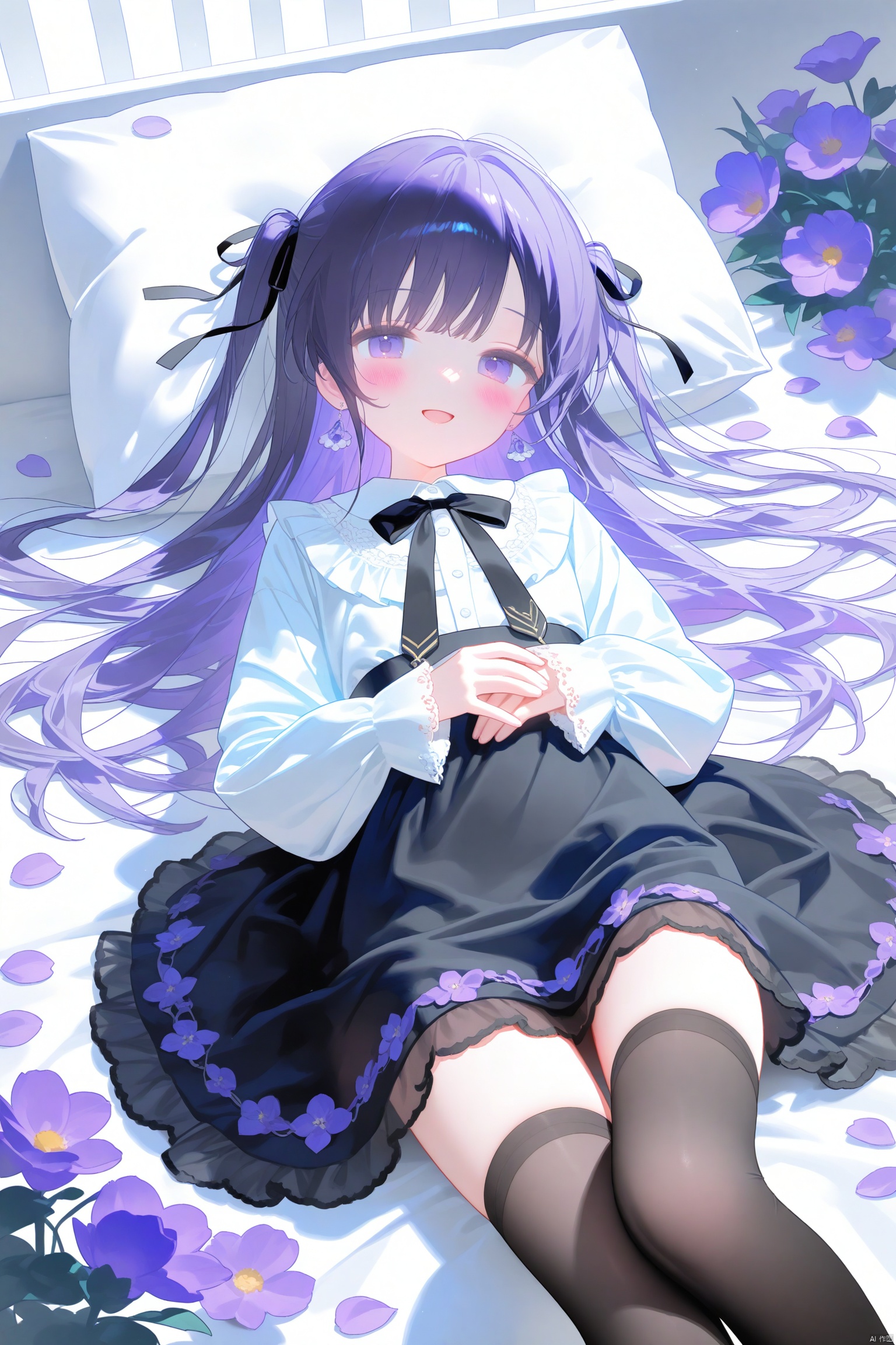 eperouge(maimai),1girl, solo, long hair, looking at viewer, blush, smile, open mouth, bangs, shirt, thighhighs, long sleeves, ribbon, jewelry, very long hair, purple eyes, hair ribbon, white shirt, purple hair, flower, :d, earrings, lying, frills, collared shirt, black thighhighs, on back, two side up, sleeves past wrists, pillow, petals, dress shirt, black ribbon, feet out of frame, on bed, purple flower