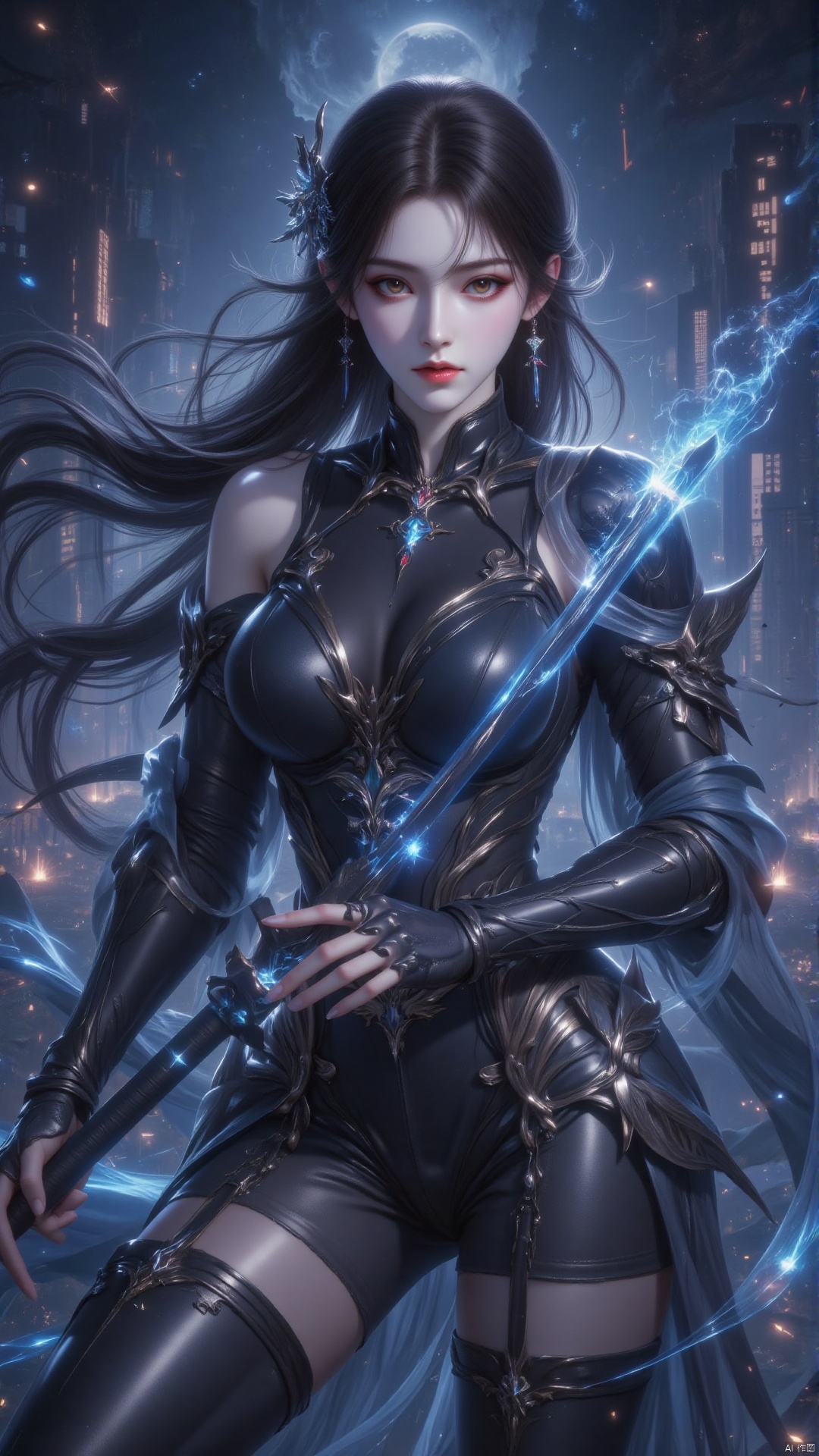 1girl,A picture full of tension,a sword in her hand,dark-bringer,fallen knight,dark arcanist,dark warrior,dark epic,darkness aura,dark phantasy,artorias,holy sword in her hands,evil knight,infernal art in good quality,darkpowerful elegant,vergil,darkness background,berserk guts,dark backround,deathknight,shadow armor,omen from valorant,elf knight,shadowverse style,sharp black armor,dark knight,black shiny armor,dark armor,celshaded art,undead knight,dark backgroud,darkness's background,epic exquisite character art,beautiful sword,epically luminous image,concept art,