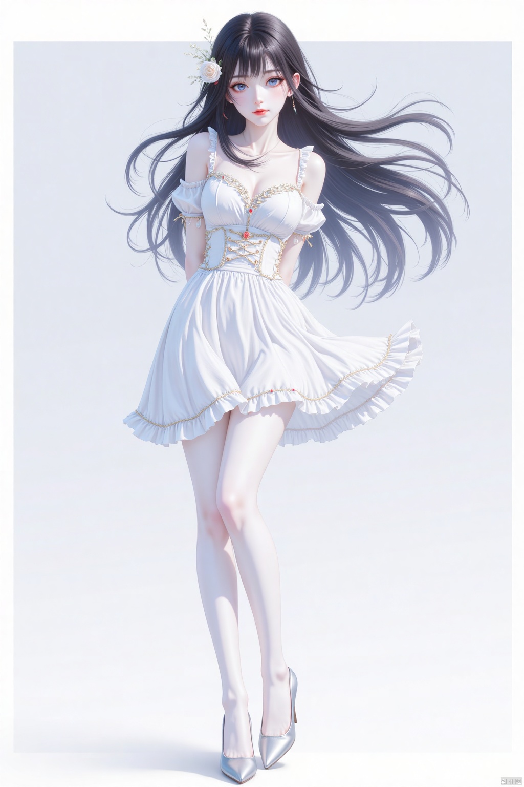 [Artist:wlop],masterpiece,best quality,solo,1girl,stading,full body,delicate face,arms behind back,black_hair,vely long hair,blunt_bangs,floating hair,looking_at_viewer,blue eyes,beautiful detailed eyes,white_frilled_dress,white pantyhose, puffy sleeves,skirt pleats,rose,delicate details,plns