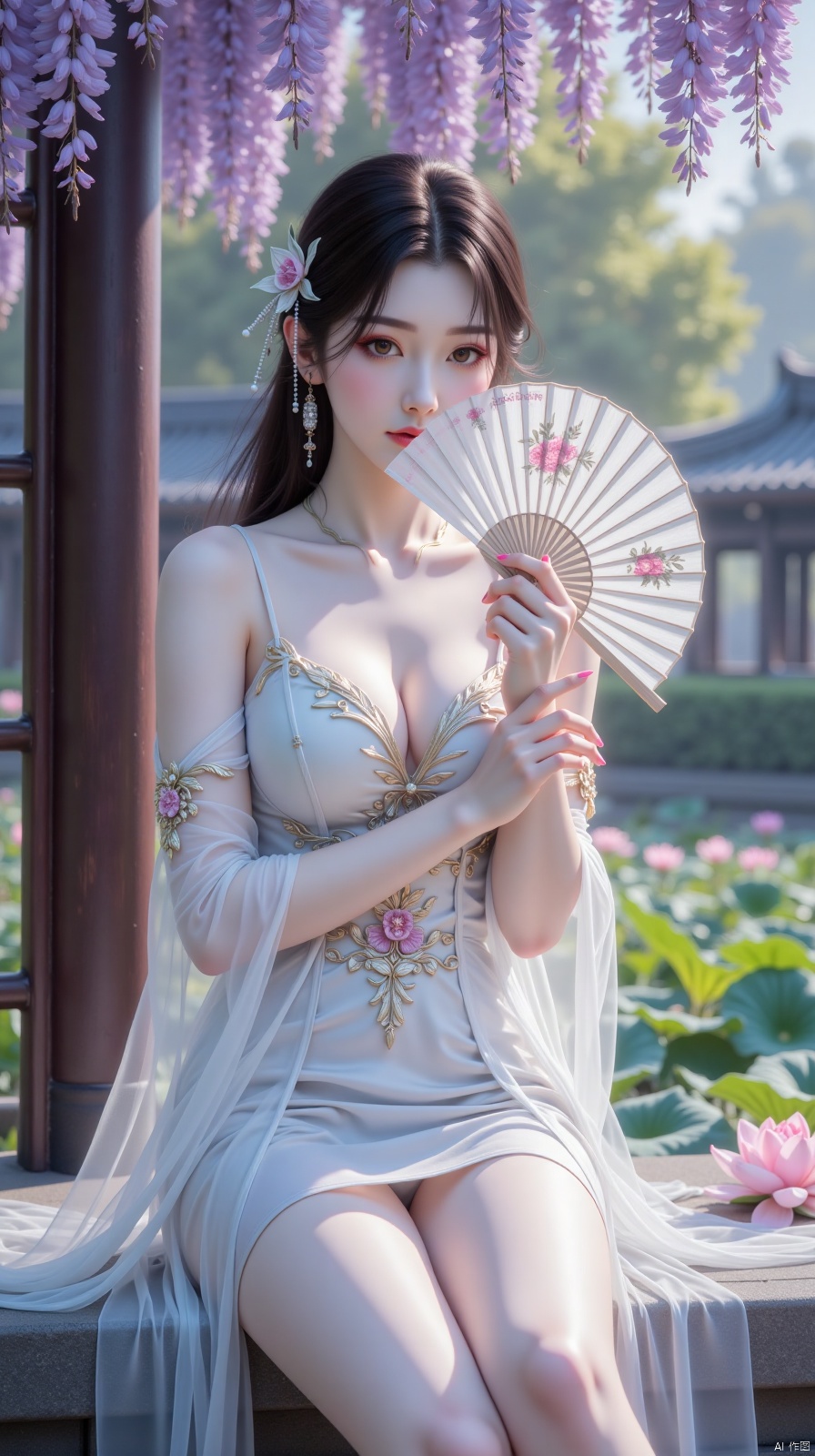 In a traditional Chinese garden filled with ancient pavilions and lotus ponds, the female model is a picture of elegance. Dressed in magnificent clothing and the delicate hlr_dress, she sits on a stone bench beneath a wisteria arbor. The soft fragrance of flowers fills the air. She holds a traditional Chinese fan, half covering her face, revealing only her alluring eyes. The intricate embroidery on the dress complements the surrounding natural beauty, as if she's a fairy descended into this earthly paradise.