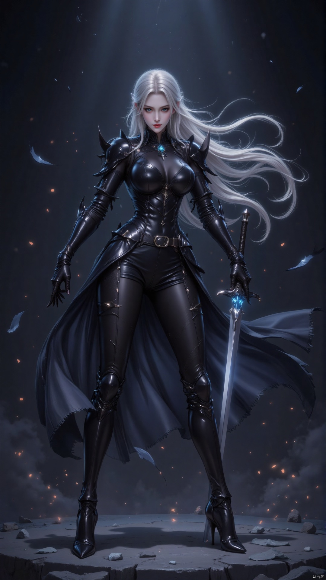 1girl,A picture full of tension,a sword in her hand,dark-bringer,fallen knight,dark arcanist,dark warrior,dark epic,darkness aura,dark phantasy,artorias,holy sword in her hands,evil knight,infernal art in good quality,darkpowerful elegant,vergil,darkness background,berserk guts,dark backround,deathknight,shadow armor,omen from valorant,elf knight,shadowverse style,sharp black armor,dark knight,black shiny armor,dark armor,celshaded art,undead knight,dark backgroud,darkness's background,epic exquisite character art,beautiful sword,epically luminous image,concept art,