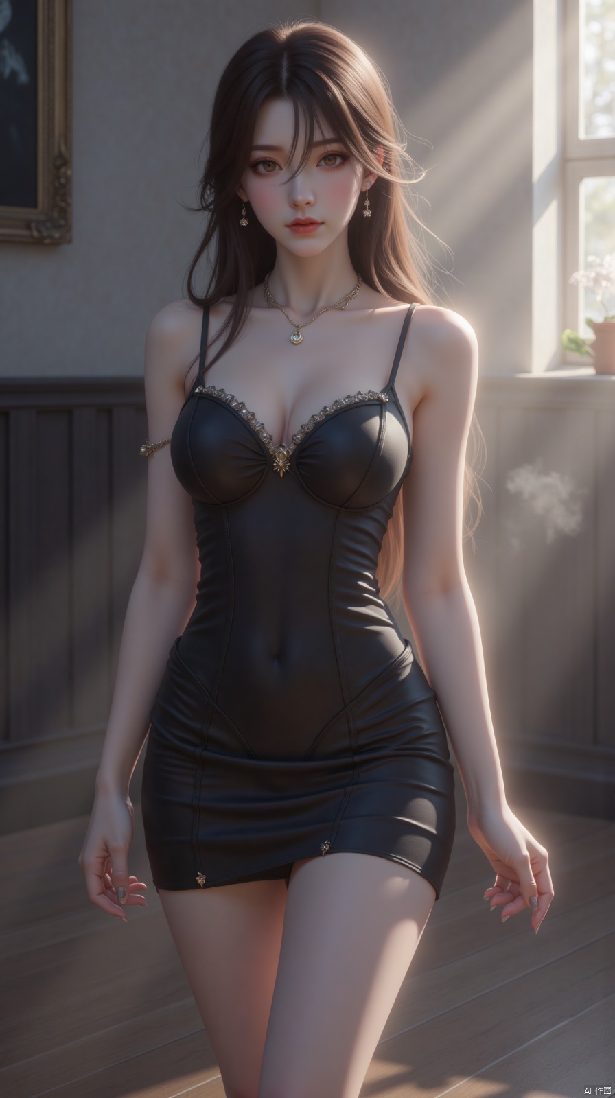 Best quality,masterpiece,ultra high res,(photorealistic:1.4),raw photo,(a 18-year-old girl), 1girl,solo,,long hair,jewelry,bangs,looking at viewer,,closedmouth,,super long legs,skinny,（pantyhose:1.3), mini short skirt,sssr, Contrast of light and shadow, sun shining on the face, tights, stockings and bodysuit, super high heels,smoke,plns
