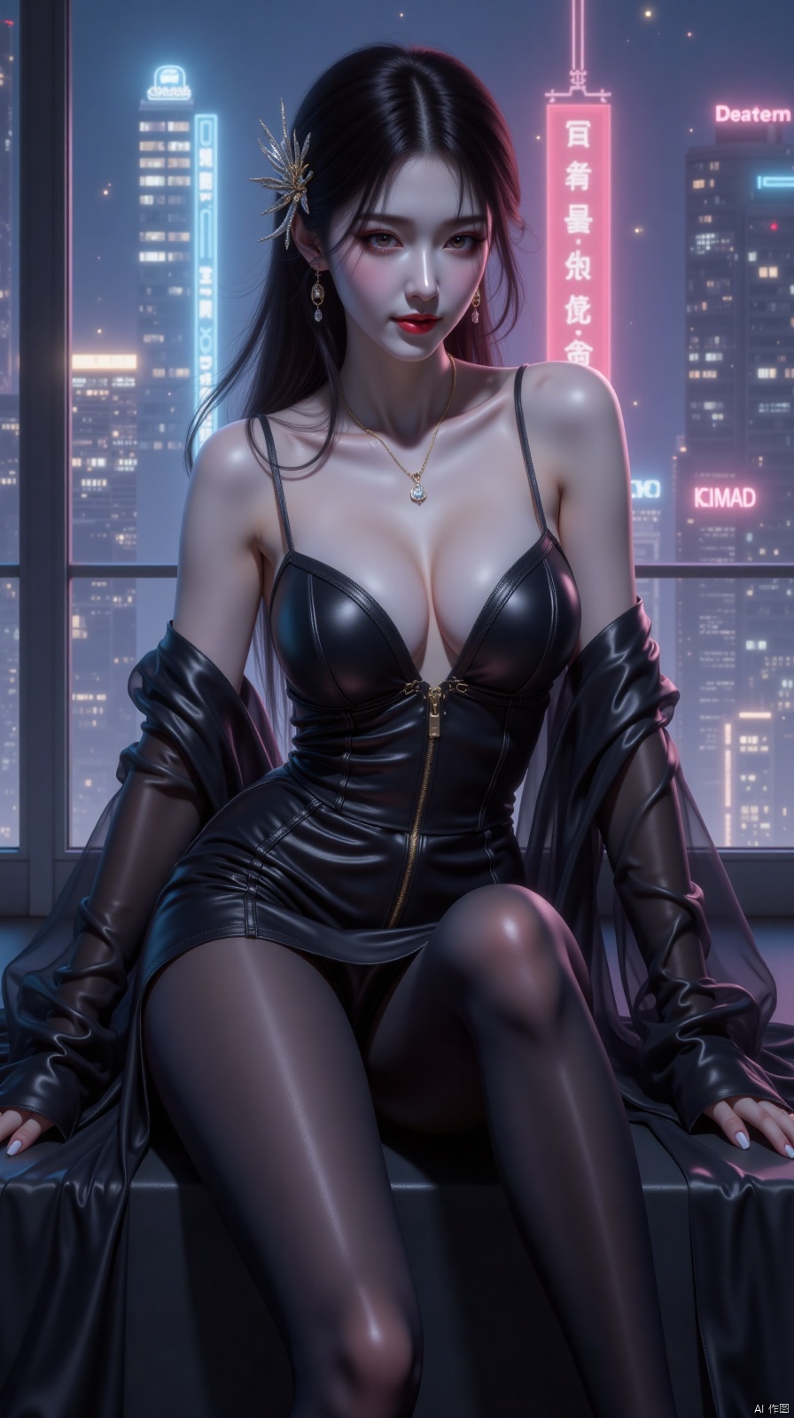 1woman,magnificent clothing,hlr_dress,high heels,up_skirt, glossy pantyhose,black pantyhose,sitting,pausing occasionally to strike a pose, smile on her face.cyberpunk background,32K,UHD,masterpiece,plsw,