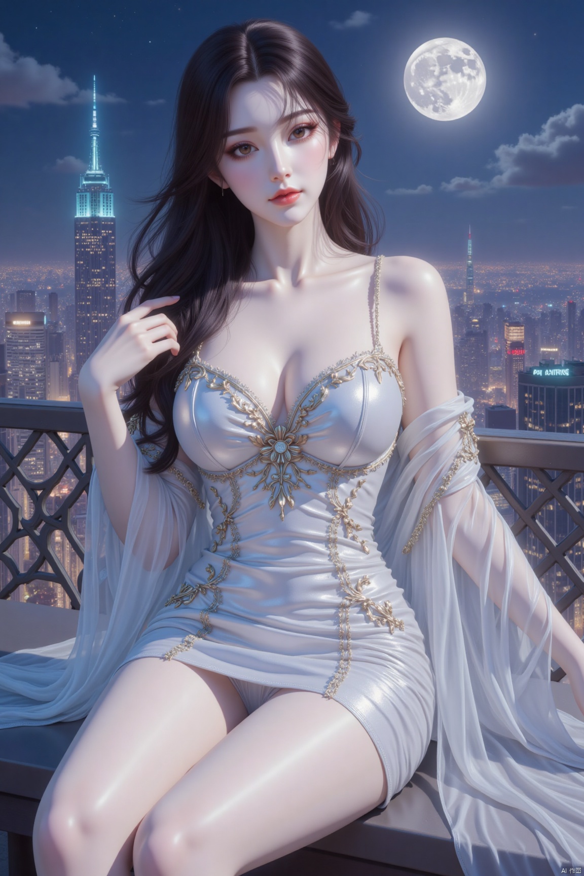 plns,hlr,hlr_dress,This is a CG - style illustration depicting a female character adorned in magnificent clothing. flesh-colored pantyhose.She has long, jet - black hair and a delicate face. Her attire features a metallic sheen and is decorated with exquisite patterns, paired with transparent floating veils, embodying a combination of classic and modern elements. The background is a bustling city night scene, with a bright moon hanging high in the sky, creating a dreamy and romantic atmosphere., sitting,up_skirt, looking at viewer, CG,