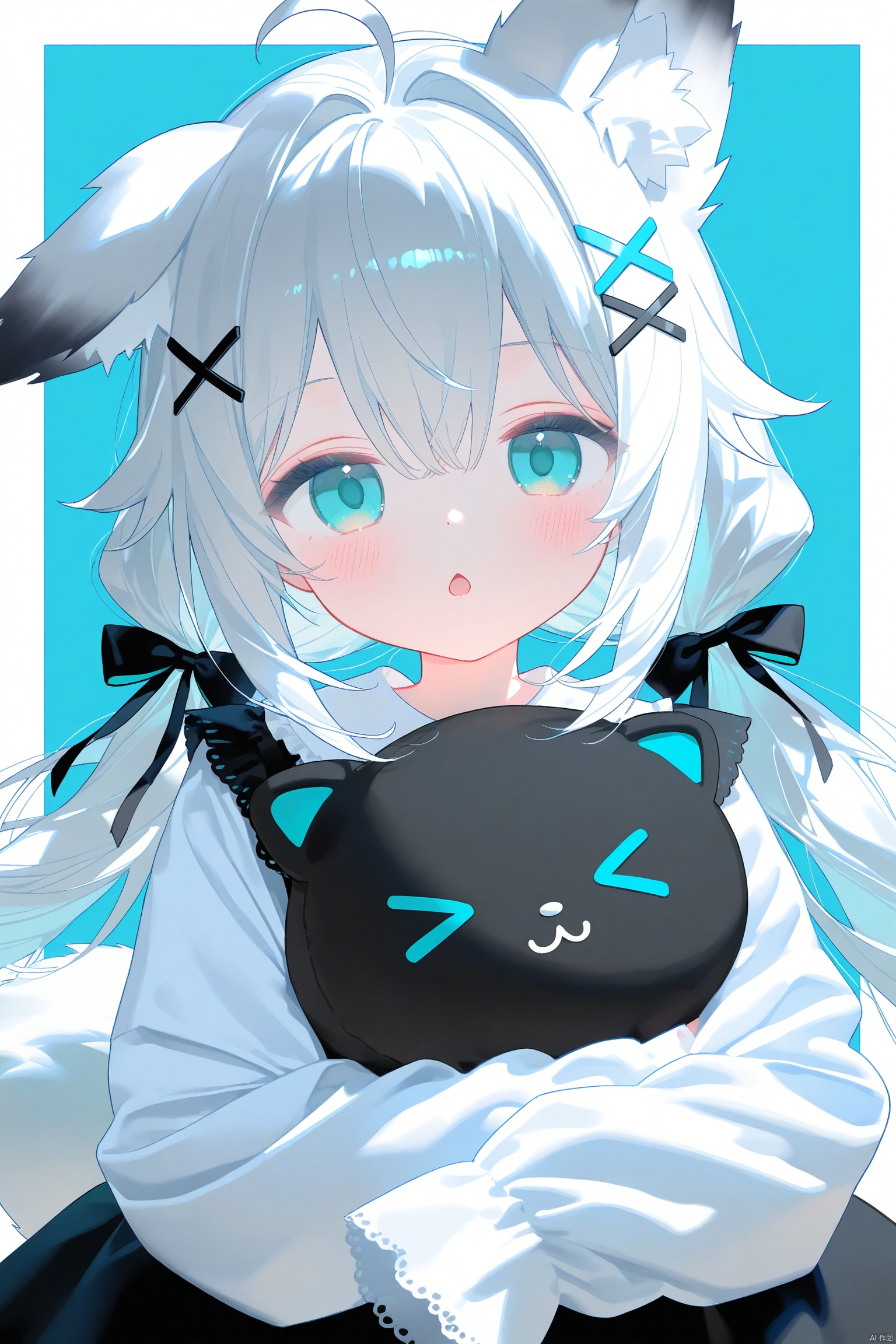 eperouge(maimai),,1girl, animal ears, hair ornament, white hair, blue eyes, long hair, sleeves past fingers, sleeves past wrists, tail, bow, ahoge, looking at viewer, x hair ornament, twintails, low twintails, animal ear fluff, solo, blush, long sleeves, hair bow, fox ears, blue bow, :o, fox girl, upper body, shirt, white shirt, hugging object, blue background, fox tail, parted lips, chestnut mouth, open mouth, hair between eyes, >_<, dress, black bow, simple background, two-tone background, white background, very long hair, open clothes, white border, sidelocks, border, frilled sleeves, grey hair, aqua eyes, hairclip, hair intakes, frills, dot nose, stuffed toy, virtual youtuber