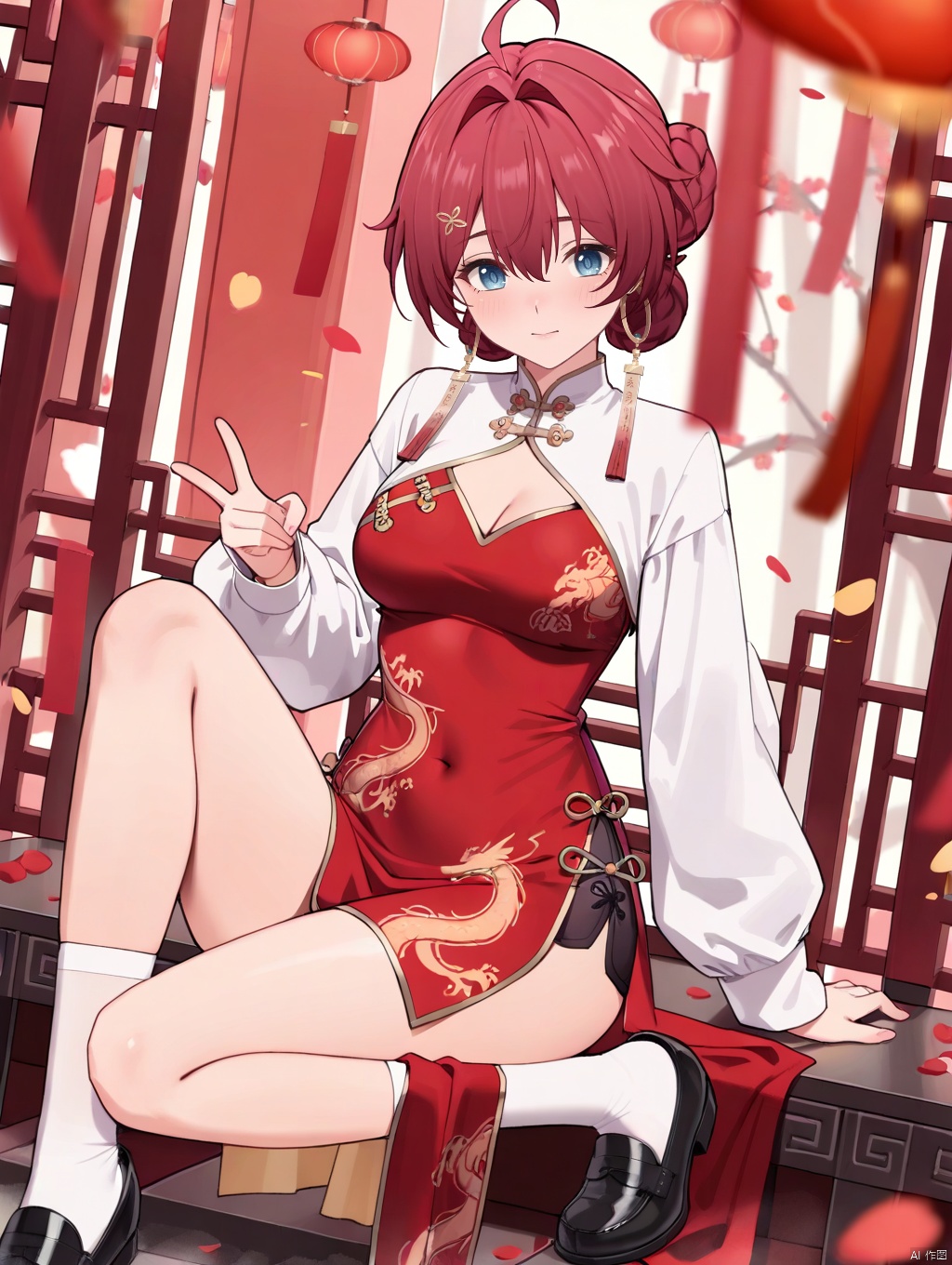 masterpiece,best quality,newest,absurdres,highres,very awa, danjin, danjin\(wuthering waves\), 1girl, long chinese dress, long sleeves, white socks, black loafers, braid buns, earrings, smile, chinese new year,