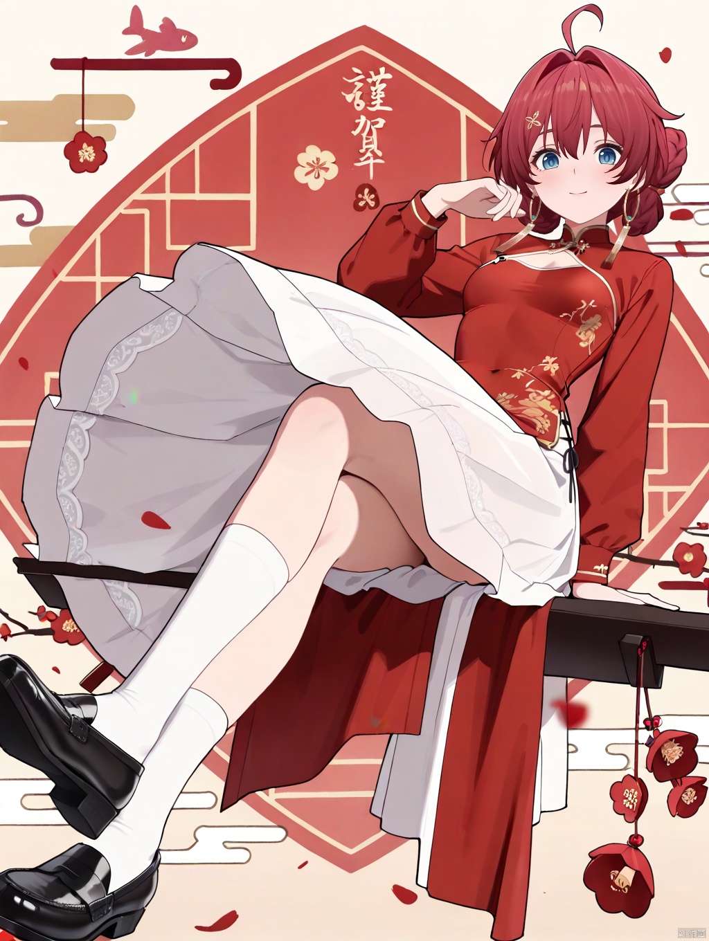 masterpiece,best quality,newest,absurdres,highres,very awa, danjin, danjin\(wuthering waves\), 1girl, long chinese dress, long sleeves, white socks, white skirt, braid buns, earrings, smile, chinese new year, black loafer, 