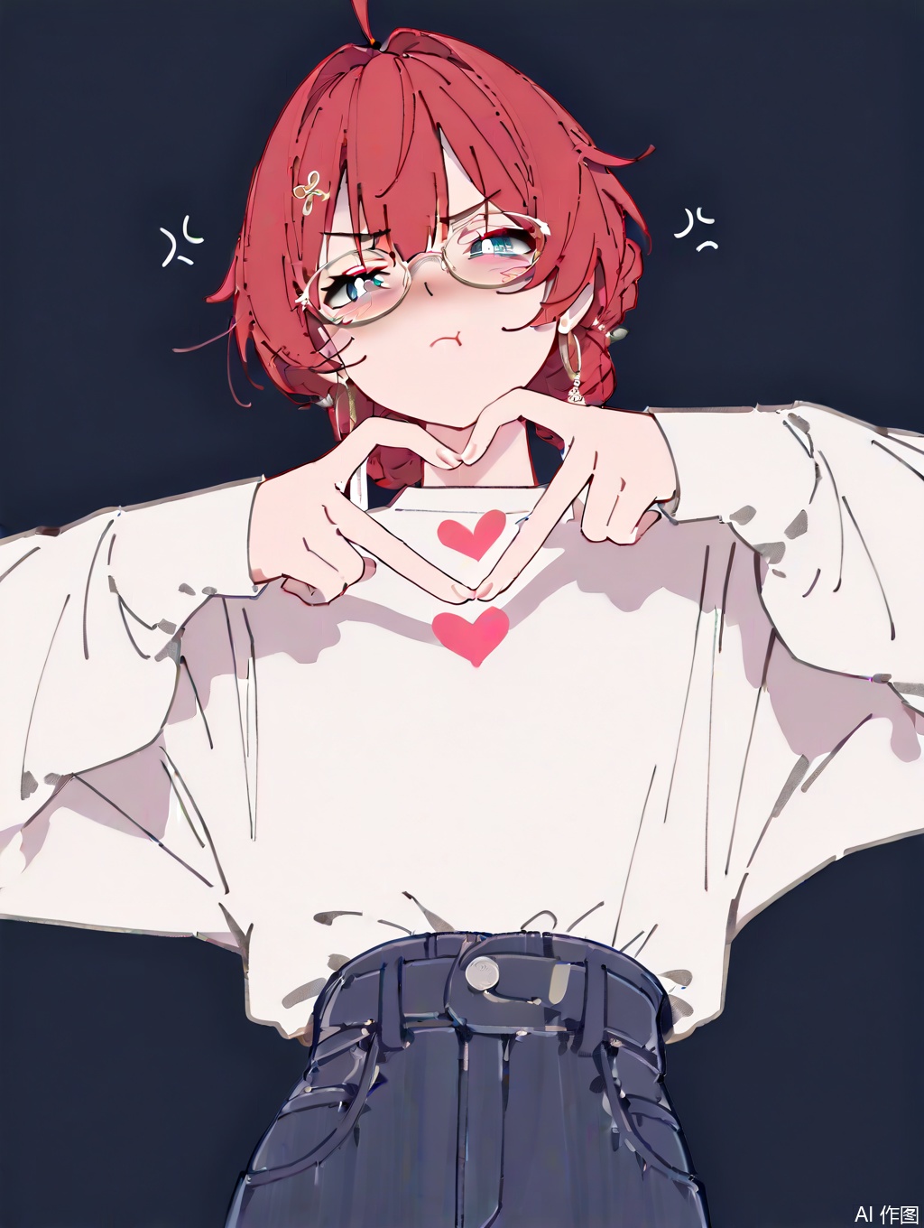 masterpiece,best quality, amazing quality,newest,absurdres,highres,very awa, danjin, danjin\(wuthering waves\), solo,1girl, upper_body, white shirt, long sleeves, braid buns, earrings, pout, red hair, heart_hands, standing, glasses, simple_background, dark blue pants, 