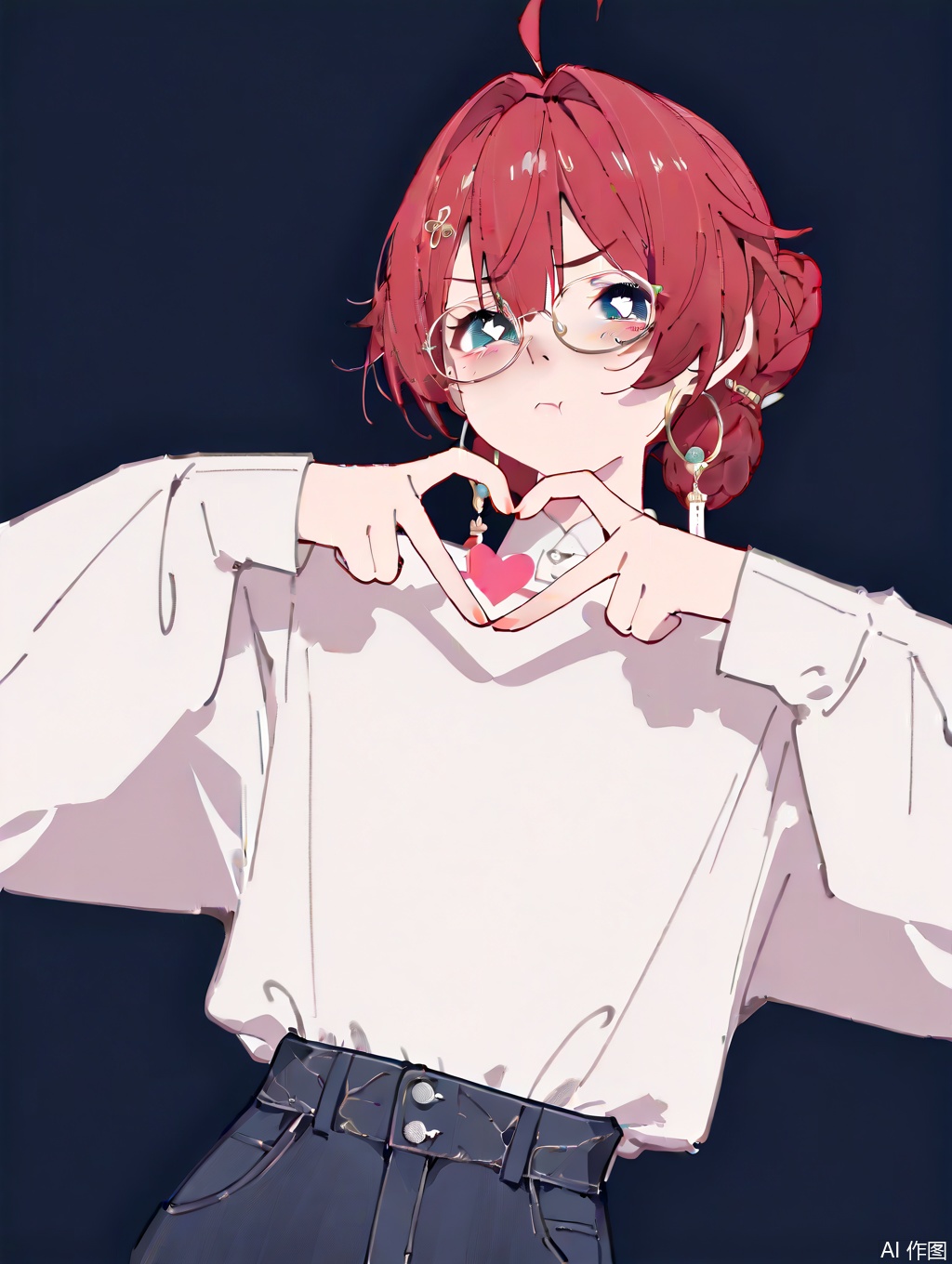 masterpiece,best quality, amazing quality,newest,absurdres,highres,very awa, danjin, danjin\(wuthering waves\), solo,1girl, upper_body, white shirt, long sleeves, braid buns, earrings, pout, red hair, heart_hands, standing, glasses, simple_background, dark blue pants, 