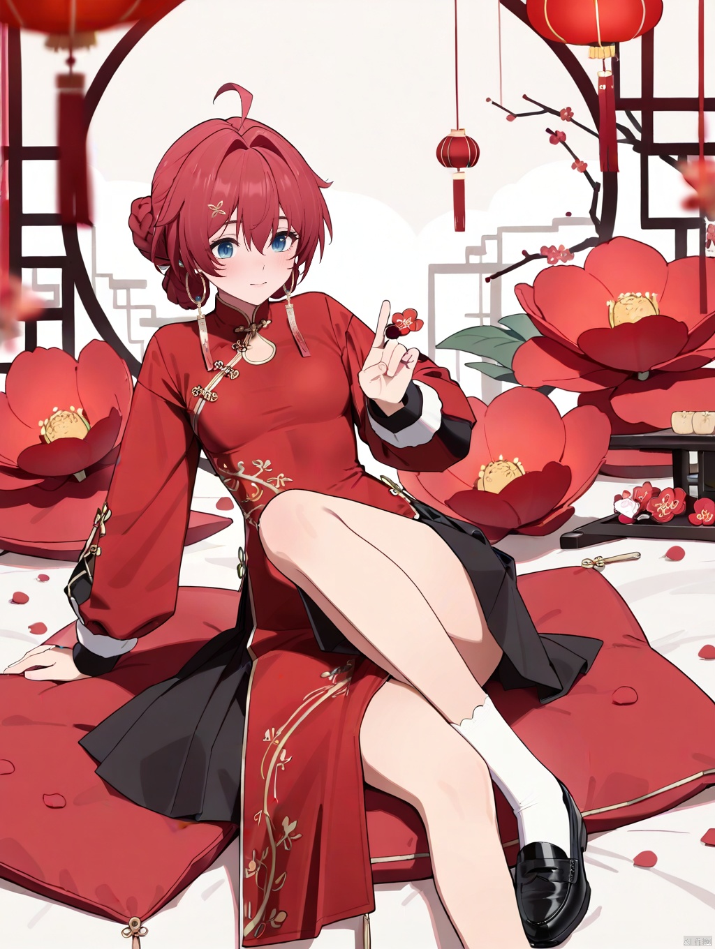 masterpiece,best quality,newest,absurdres,highres,very awa, danjin, danjin\(wuthering waves\), 1girl, long chinese dress, long sleeves, white socks, braid buns, earrings, smile, chinese new year, black loafer,