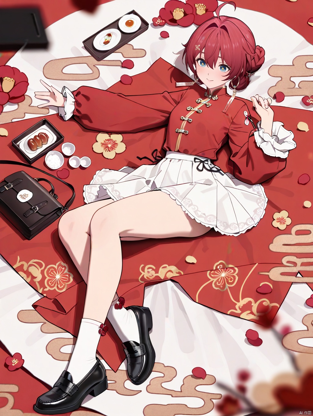 masterpiece,best quality,newest,absurdres,highres,very awa, danjin, danjin\(wuthering waves\), 1girl, long chinese dress, long sleeves, white socks, braid buns, earrings, smile, chinese new year, black loafer, white skirt,