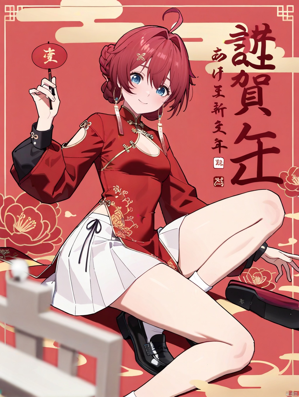 masterpiece,best quality,newest,absurdres,highres,very awa, danjin, danjin\(wuthering waves\), 1girl, long chinese dress, long sleeves, white socks, braid buns, earrings, smile, chinese new year, black loafer, white skirt,