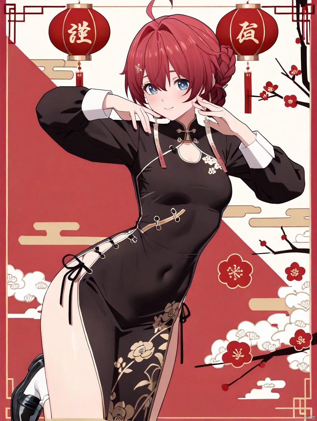 masterpiece,best quality,newest,absurdres,highres,very awa, danjin, danjin\(wuthering waves\), 1girl, long chinese dress, long sleeves, white socks, braid buns, earrings, smile, chinese new year, black loafer,