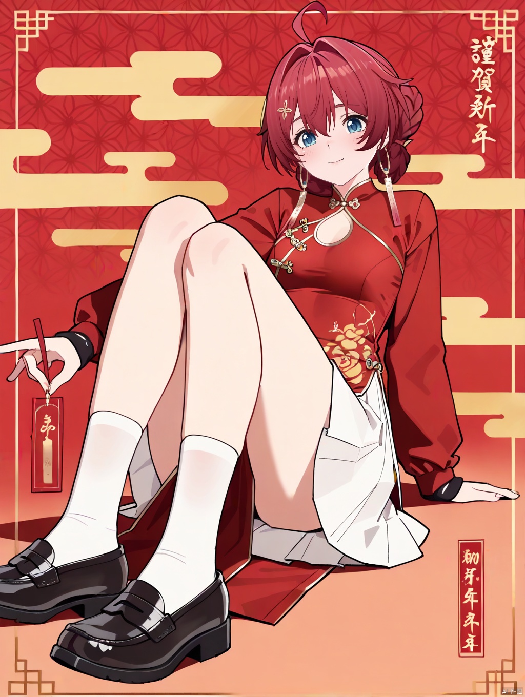 masterpiece,best quality,newest,absurdres,highres,very awa, danjin, danjin\(wuthering waves\), 1girl, long chinese dress, long sleeves, white socks, white skirt, braid buns, earrings, smile, chinese new year, black loafer, 
