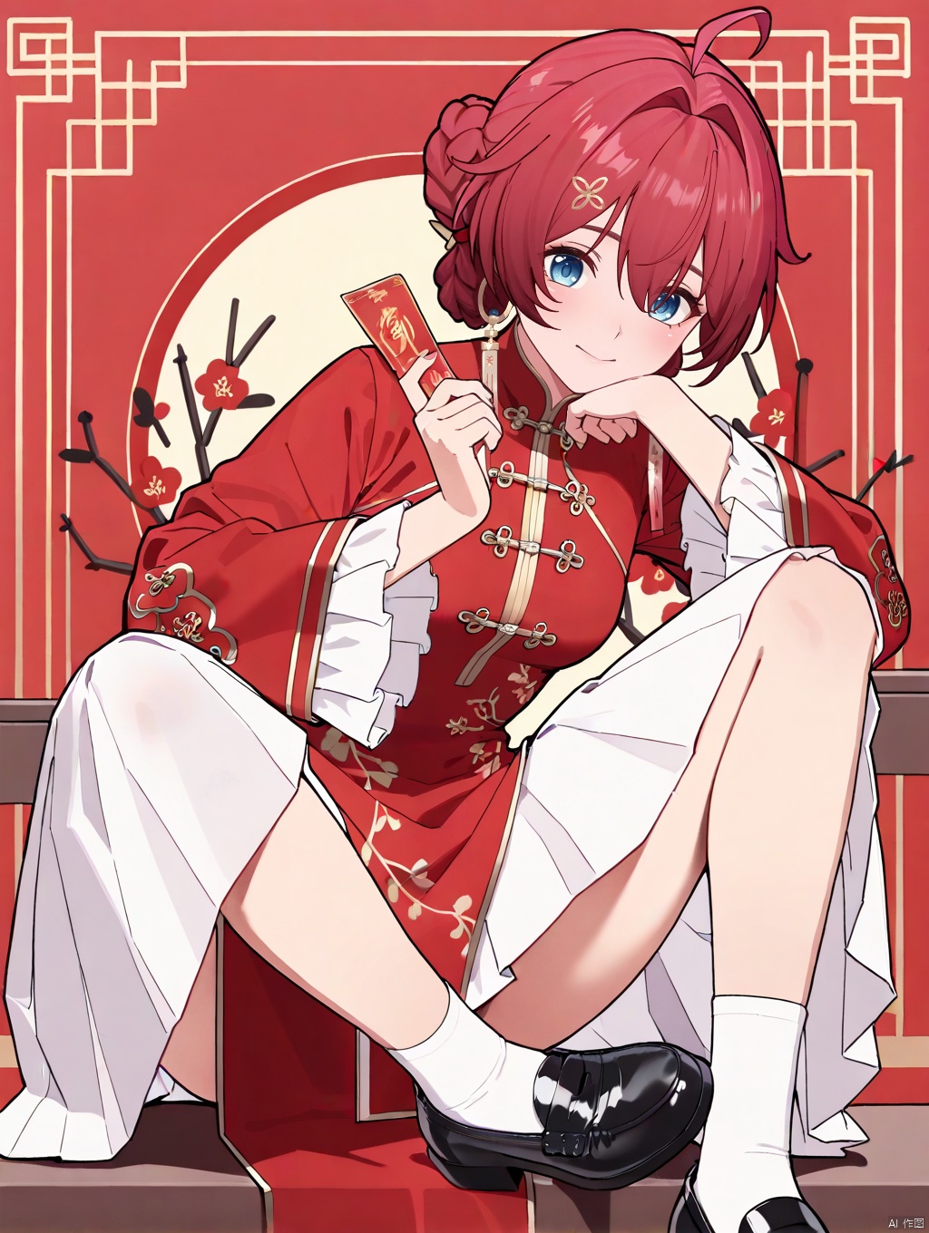 masterpiece,best quality,newest,absurdres,highres,very awa, danjin, danjin\(wuthering waves\), 1girl, long chinese dress, long sleeves, white socks, braid buns, earrings, smile, chinese new year, black loafer, white skirt,