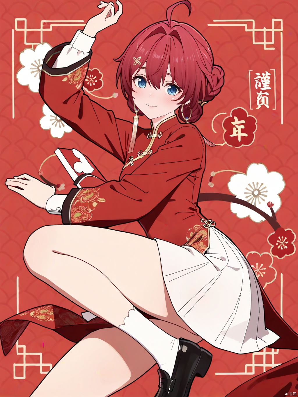 masterpiece,best quality,newest,absurdres,highres,very awa, danjin, danjin\(wuthering waves\), 1girl, long chinese dress, long sleeves, white socks, white skirt, braid buns, earrings, smile, chinese new year, black loafer, 