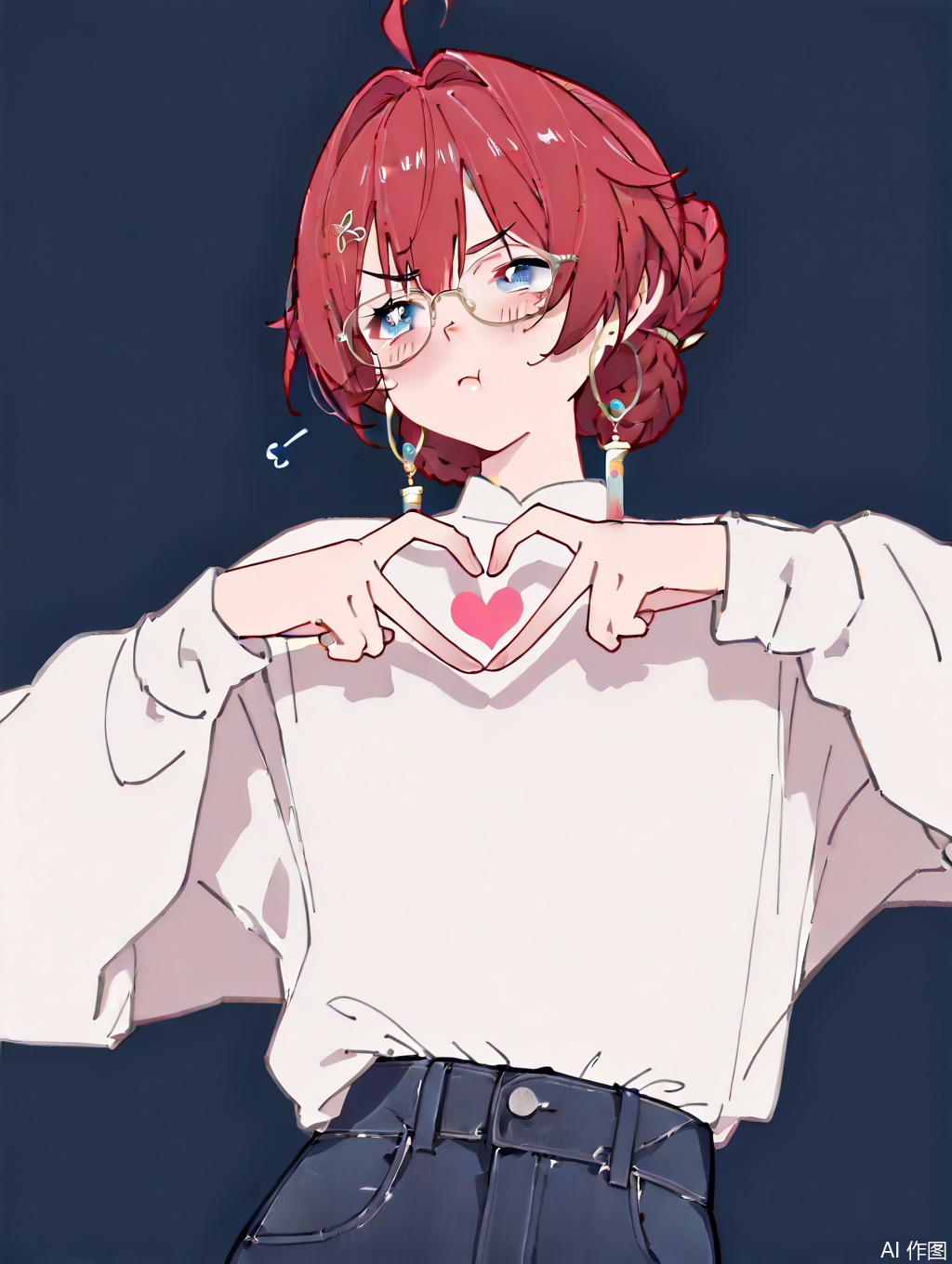 masterpiece,best quality, amazing quality,newest,absurdres,highres,very awa, danjin, danjin\(wuthering waves\), solo,1girl, upper_body, white shirt, long sleeves, braid buns, earrings, pout, red hair, heart_hands, standing, glasses, simple_background, dark blue pants, 