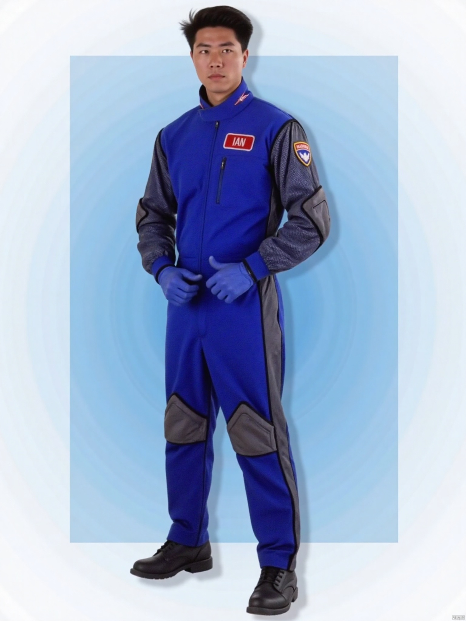 WINR,collar,belt,logo,uniform,jacket,pants,gloves,boots,emblem,blue jacket with grey line,blue pants,