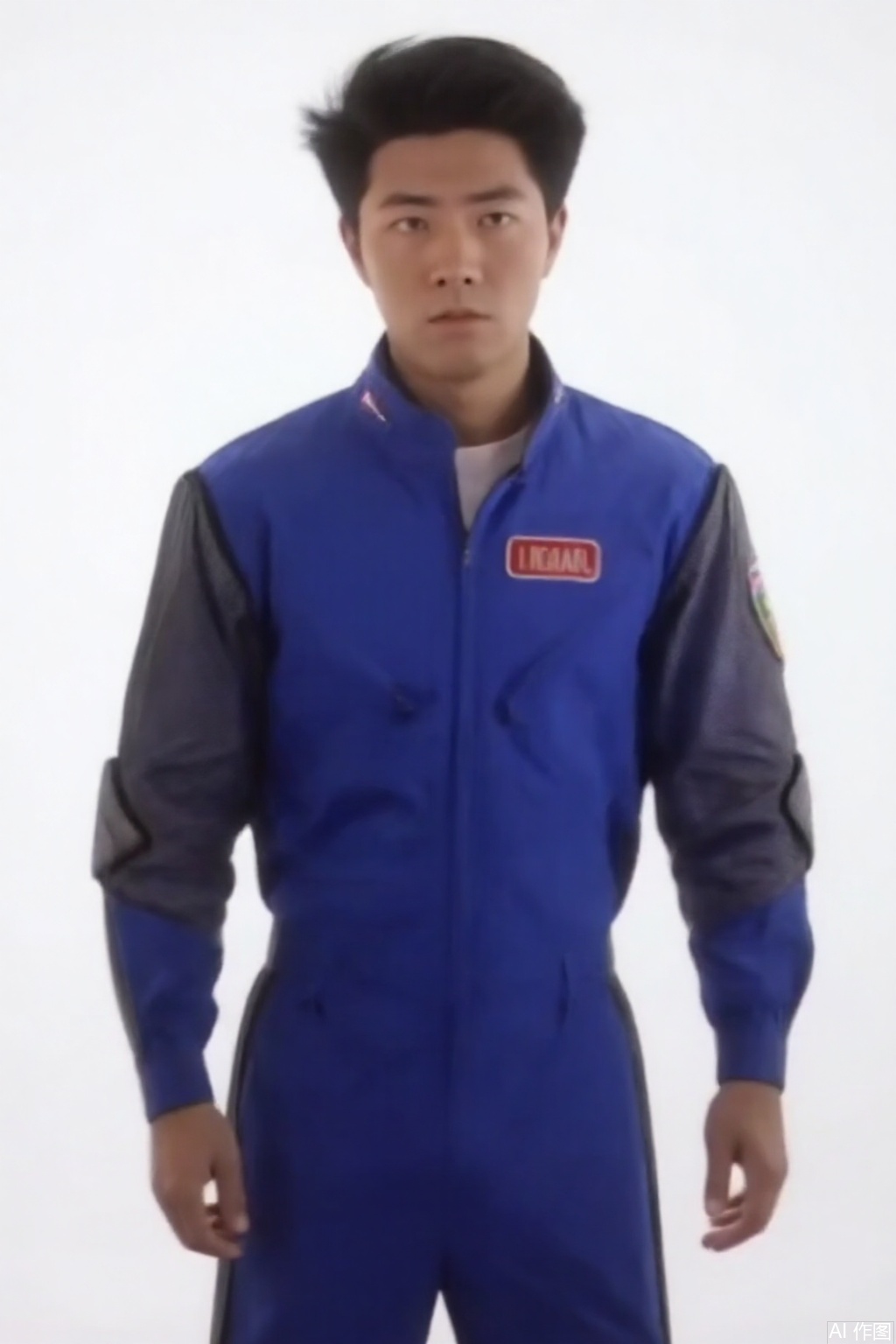 masterpiece, best quality,solo,(white background:1.2),simple background,
looking at viewer,WINR,collar,belt,logo,uniform,jacket,pants,gloves,boots,emblem,blue jacket with grey line,blue pants