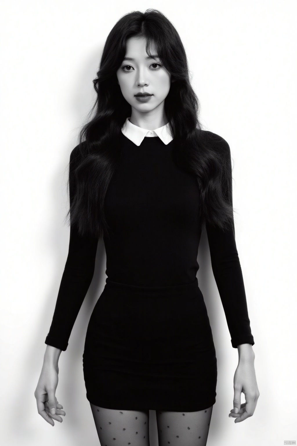 Captured in a black and white monochromatic shot, a young Asian woman stands against a stark white backdrop. She is dressed in a long-sleeved black dress, adorned with a white collar, and her hair cascades over her shoulders. Her eyes are a piercing blue, adding a pop of color to her face. Her hair is long and cascades down her shoulders, adding depth to her composition. Her legs are adorned with dotted black tights.
