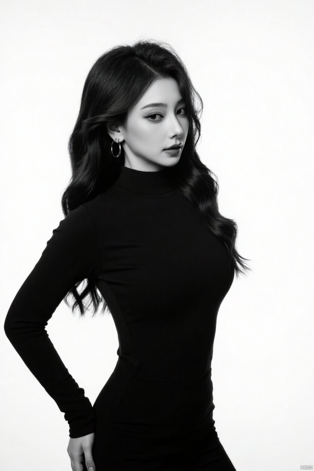 Captured in a black and white monochrome, a woman stands against a stark white backdrop. She is dressed in a long-sleeved black dress, adorned with silver earrings. Her hair is cascading down her back, adding a touch of movement to her face. Her eyes are adorned with a bold, smoky look. Her left hand is raised, her right hand resting on her hip. She has a serious expression on her face, adding depth to the composition.