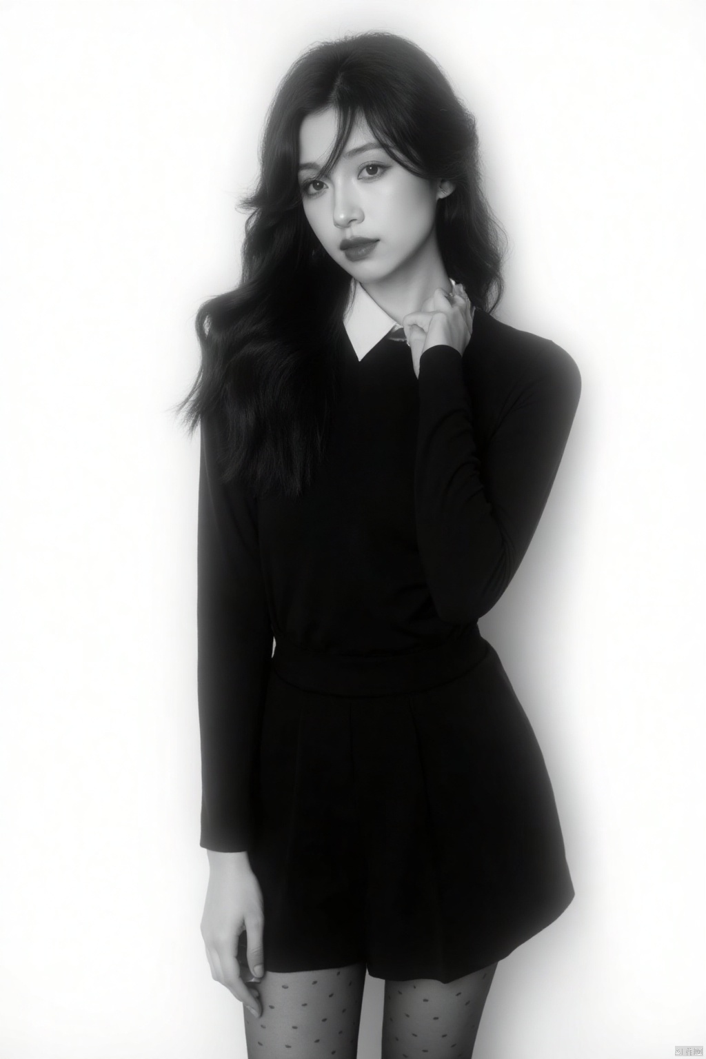 Captured in a black and white monochromatic shot, a young Asian woman stands against a stark white backdrop. She is dressed in a long-sleeved black dress, adorned with a white collar, and her hair cascades over her shoulders. Her eyes are a piercing blue, adding a pop of color to her face. Her hair is long and cascades down her shoulders, adding depth to her composition. Her legs are adorned with dotted black tights.
