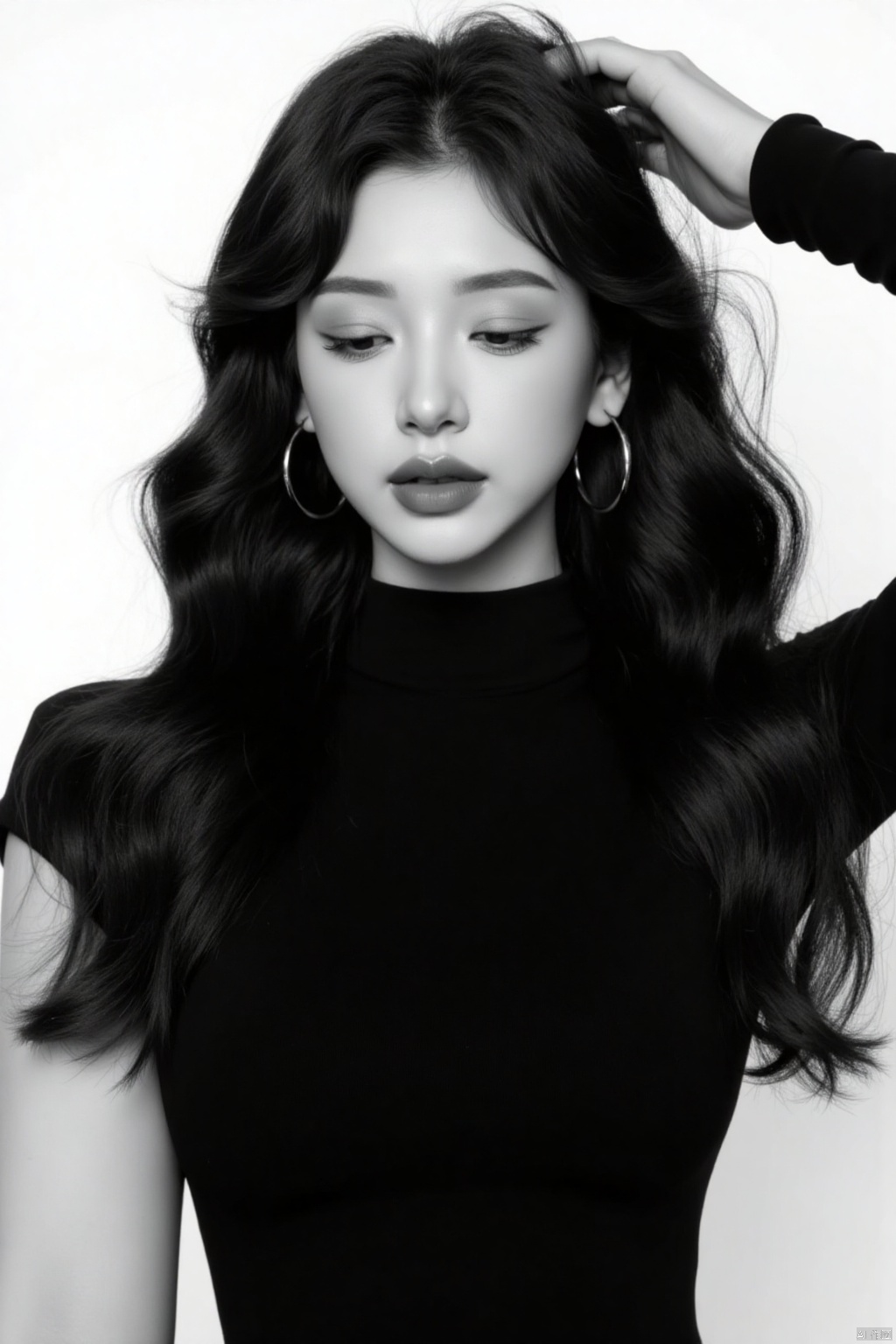 Captured in a black and white monochromatic shot, a woman with long dark hair, wearing a black turtleneck and a pair of silver hoop earrings. Her eyes are closed and her lips are pursed. Her hair is pulled back and cascades over her shoulders. Her hands are raised in the air, adding a touch of balance to her face. The backdrop is a stark white, creating a stark contrast to the woman's outfit.