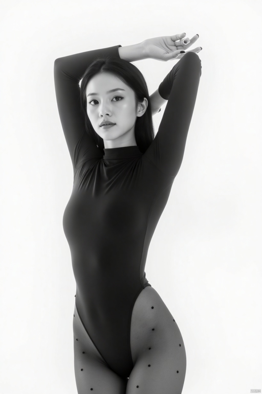 Captured in a black and white monochrome photograph, a woman stands with her arms raised above her head. She is wearing a long-sleeved black bodysuit, adorned with black dots. Her hair is styled in a sleek bob, adding a touch of texture to her body. The backdrop is a stark white, creating a stark contrast to the woman's outfit.,kend,hs,a young Asian woman