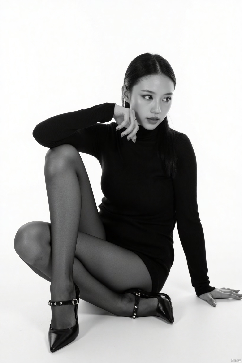 A black and white photograph of a woman in a black turtleneck sitting on a white surface. The woman is wearing black high heels with black straps on them. Her hair is pulled back in a ponytail and she is looking to the right side of the frame. Her eyes are a piercing blue and her lips are pursed. Her right hand is resting on her hip. The backdrop is a stark white wall.