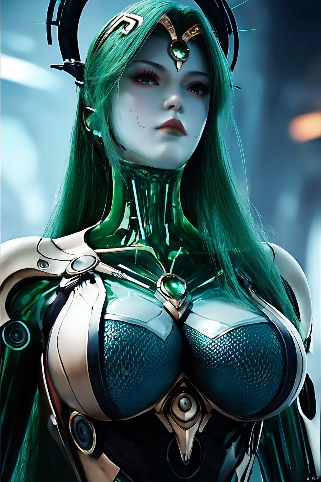 score_9,score_8_up,score_7_up,PYH,1girl, solo, long hair, breasts, large breasts,  green hair, lips, colored skin, science fiction, joints, forehead jewel