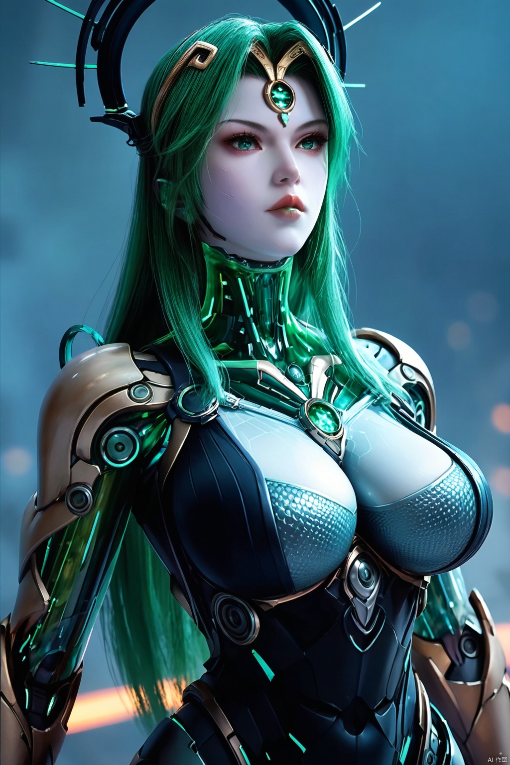 score_9,score_8_up,score_7_up,PYH,1girl, solo, long hair, breasts, large breasts, weapon, green hair, lips, colored skin, science fiction, joints, forehead jewel