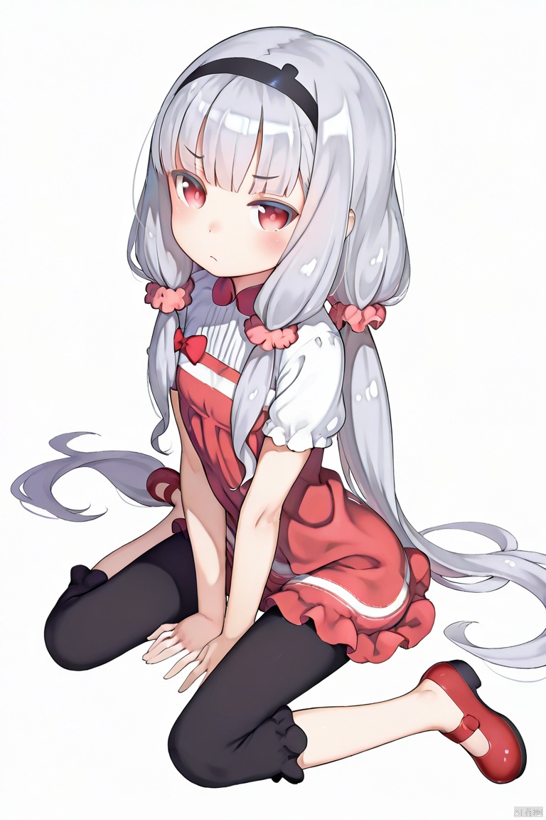masterpiece, best quality, high quality, Kate Hoshimiya \(World Conquest Zvezda Plot\), 1girl, solo, long hair, looking at viewer, blush, bangs, simple background, red eyes, white background, dress, twintails, sitting, very long hair, grey hair, hairband, shoes, pants, wariza, scrunchie, red footwear, mary janes, leggings, no socks, capri pants,