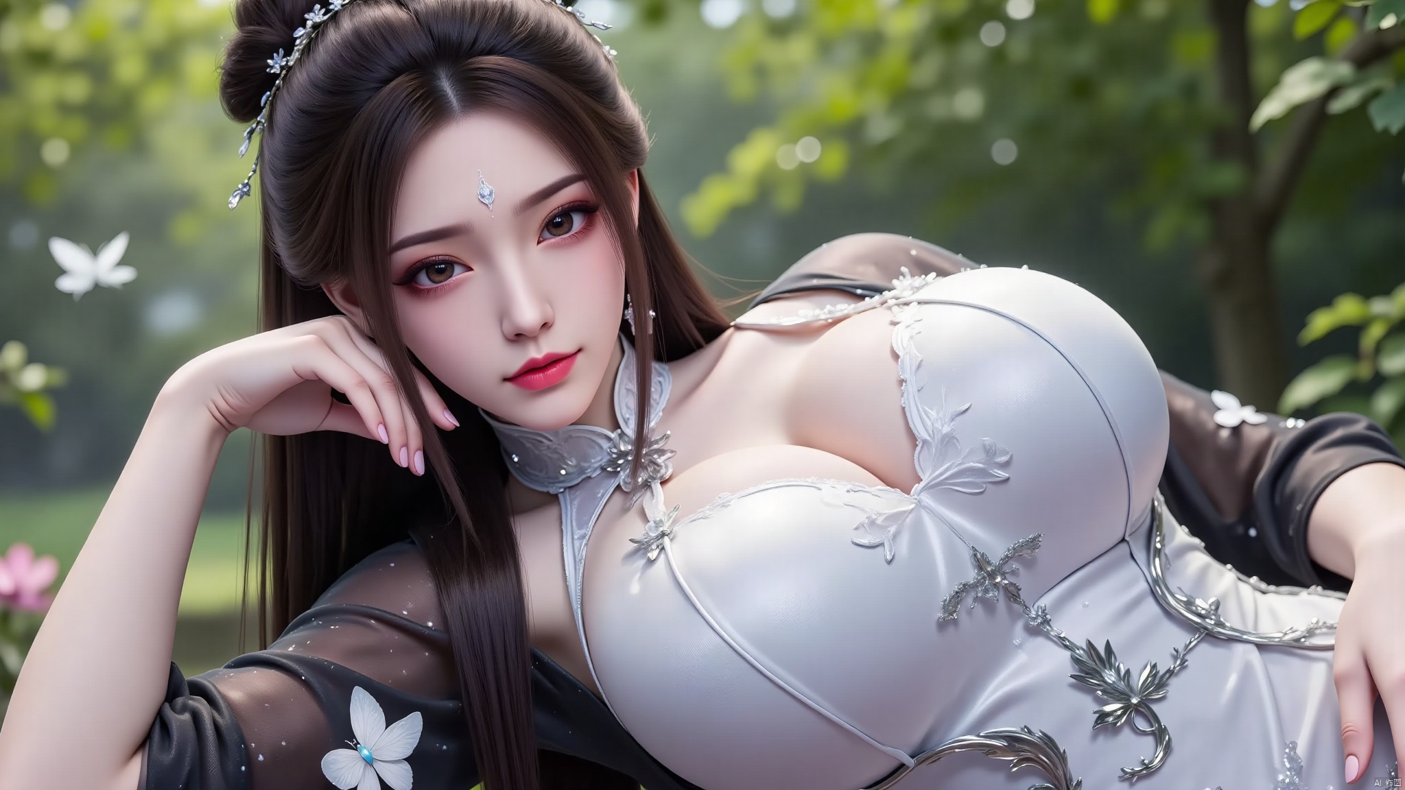 LXQ陆雪琪,1girl,solo,smile,lying,huge breasts,huge buttocks,long hair,hair ornament,shiny black and white dress,jewelry,collarbone,tiara,butterfly,makeup,red lips,outdoors,DTCchange,best quality,realistic,changeR